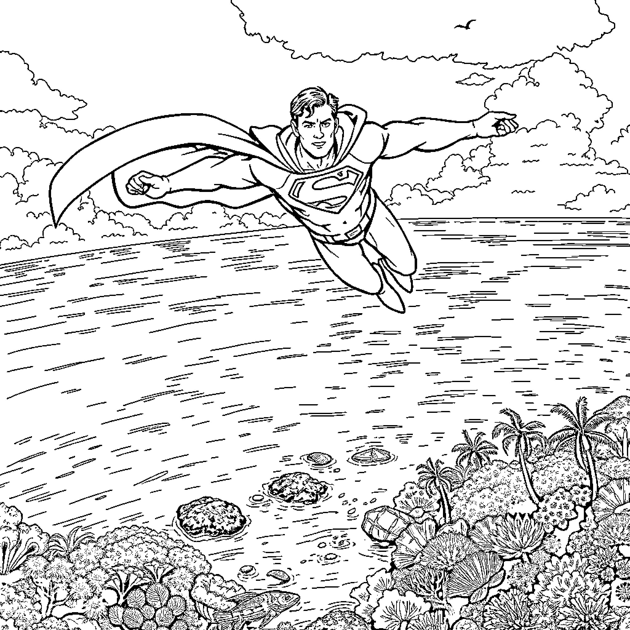 Superman soaring above the ocean in a tropical scene Coloring Page (free black-and-white line drawing printable PDF for all, from beginners to advanced learners, including children, teens, adults, and seniors)