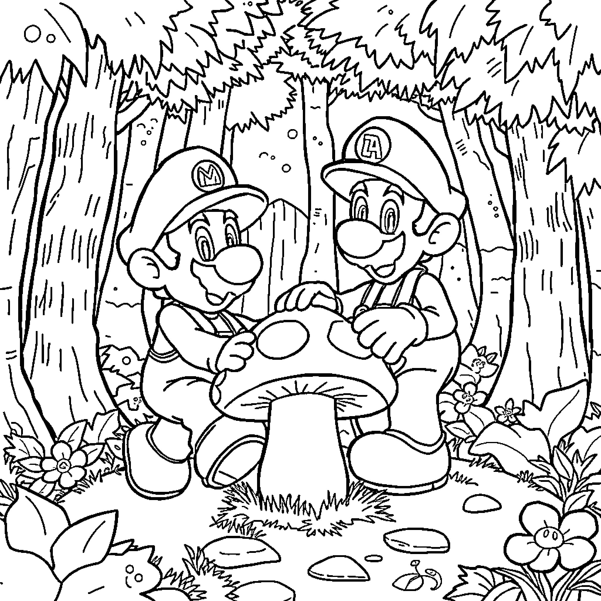 Mario Brothers Exploring the Mushroom Kingdom Coloring Page (free black-and-white line drawing printable PDF for all, from beginners to advanced learners, including children, teens, adults, and seniors)