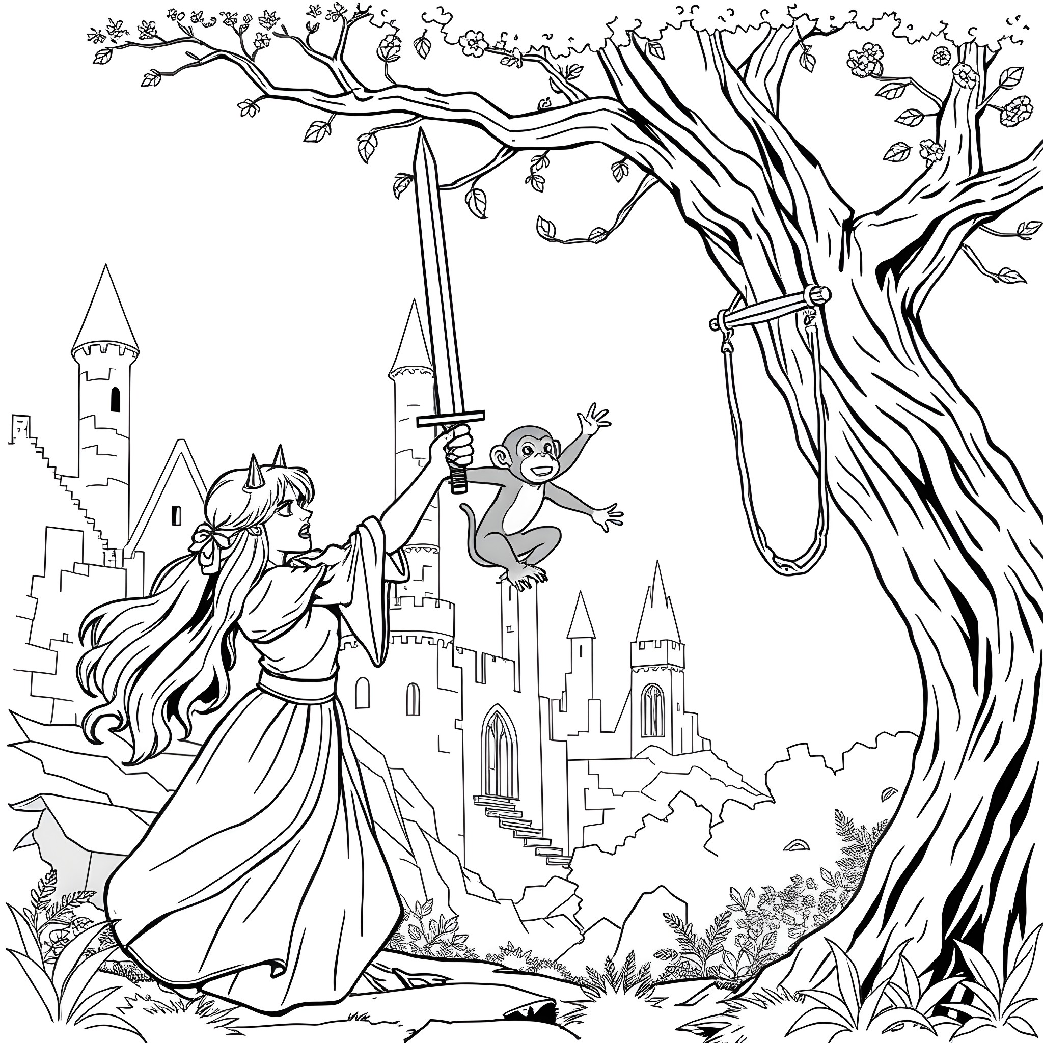 Princess enjoys a playful moment with a mischievous creature Coloring Page (free black-and-white line drawing printable PDF for all, from beginners to advanced learners, including children, teens, adults, and seniors)