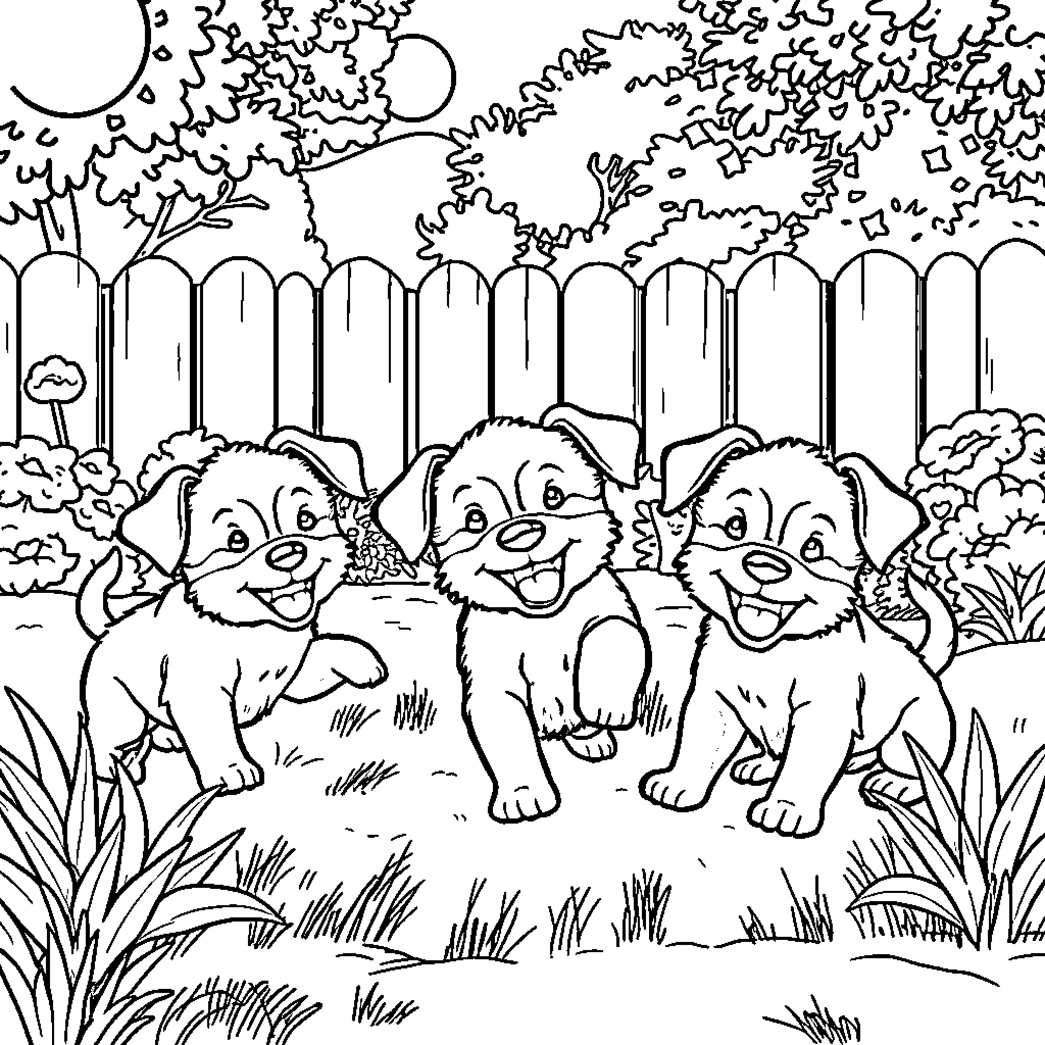 Puppy friends playing in the garden Coloring Page (free black-and-white line drawing printable PDF for all, from beginners to advanced learners, including children, teens, adults, and seniors)