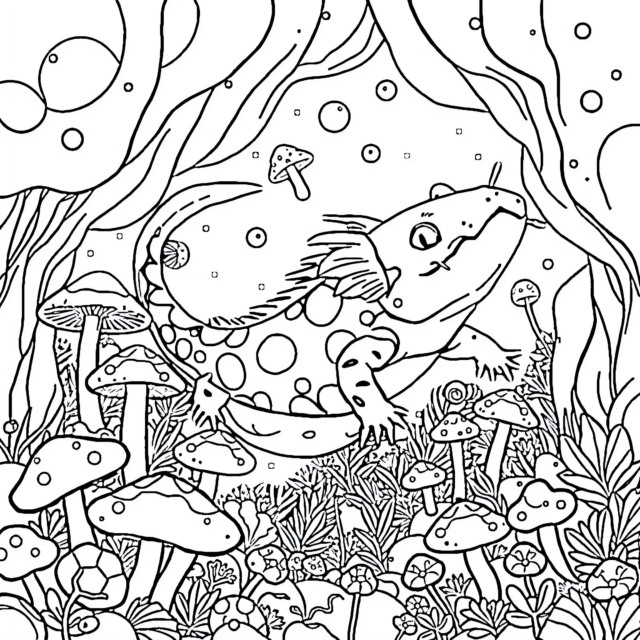 Axolotl in a Whimsical Underwater Scene Coloring Page (free black-and-white line drawing printable PDF for all, from beginners to advanced learners, including children, teens, adults, and seniors)