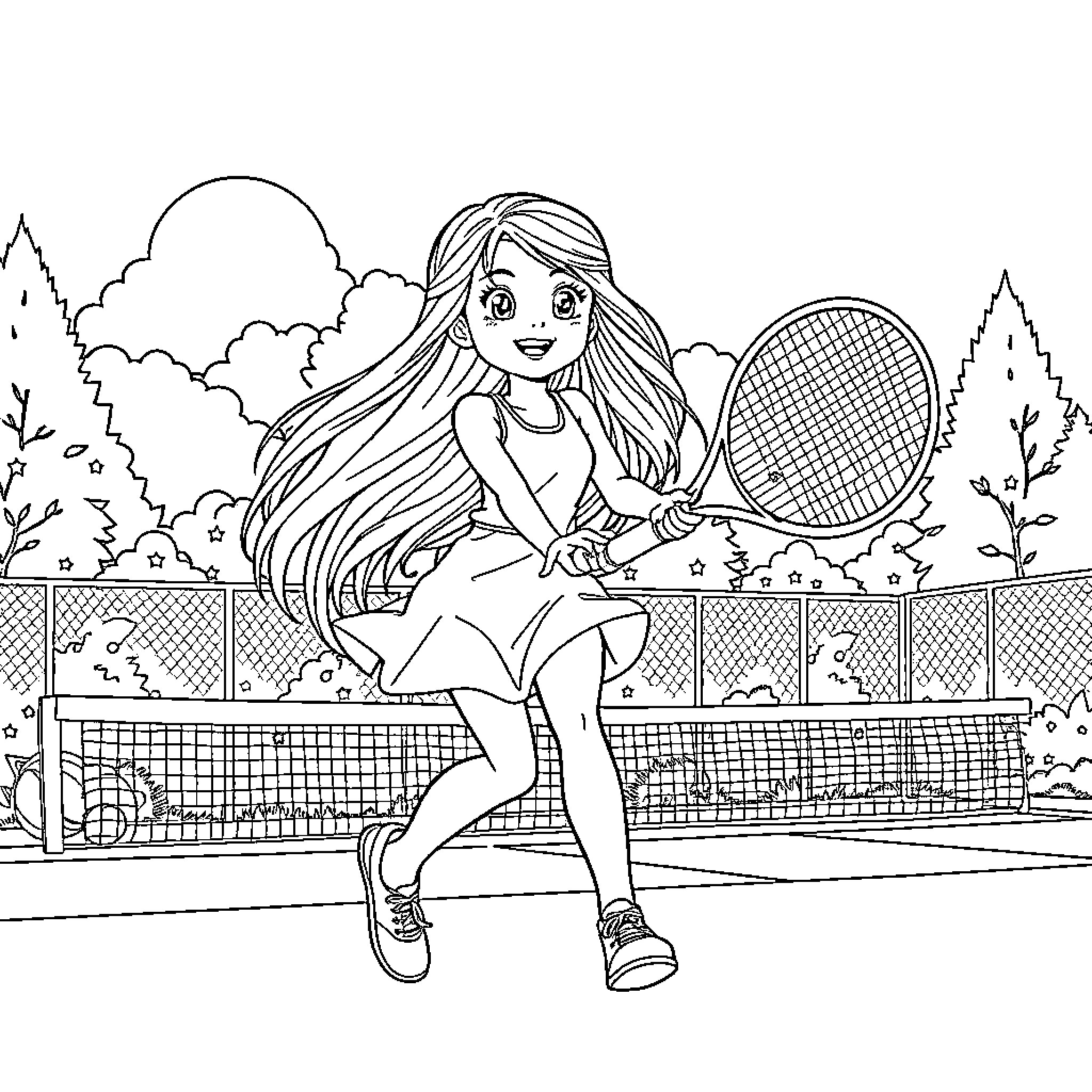 Girl playing tennis in the park Coloring Page (free black-and-white line drawing printable PDF for all, from beginners to advanced learners, including children, teens, adults, and seniors)