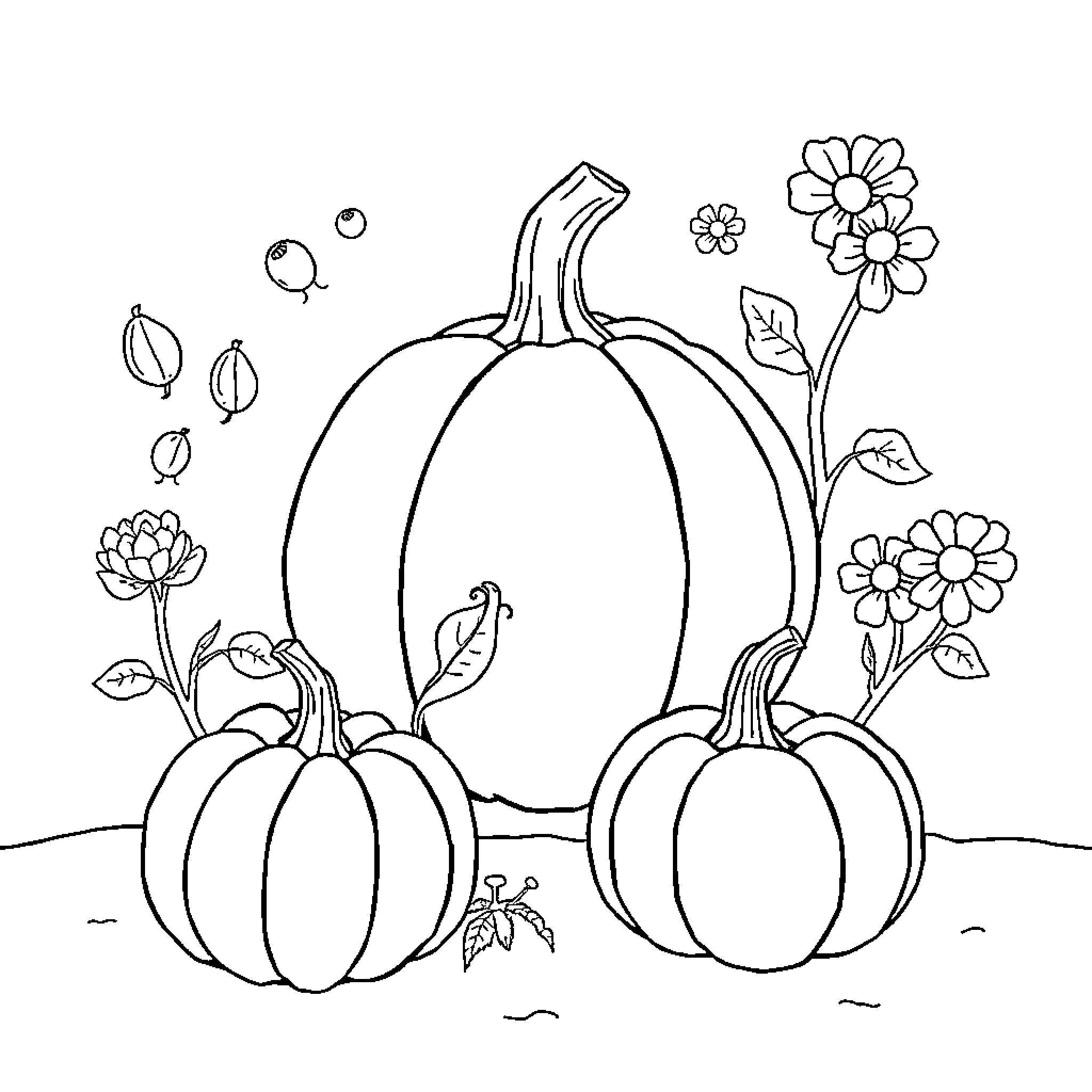 Pumpkin Patch with Flowers Coloring Page (free black-and-white line drawing printable PDF for all, from beginners to advanced learners, including children, teens, adults, and seniors)
