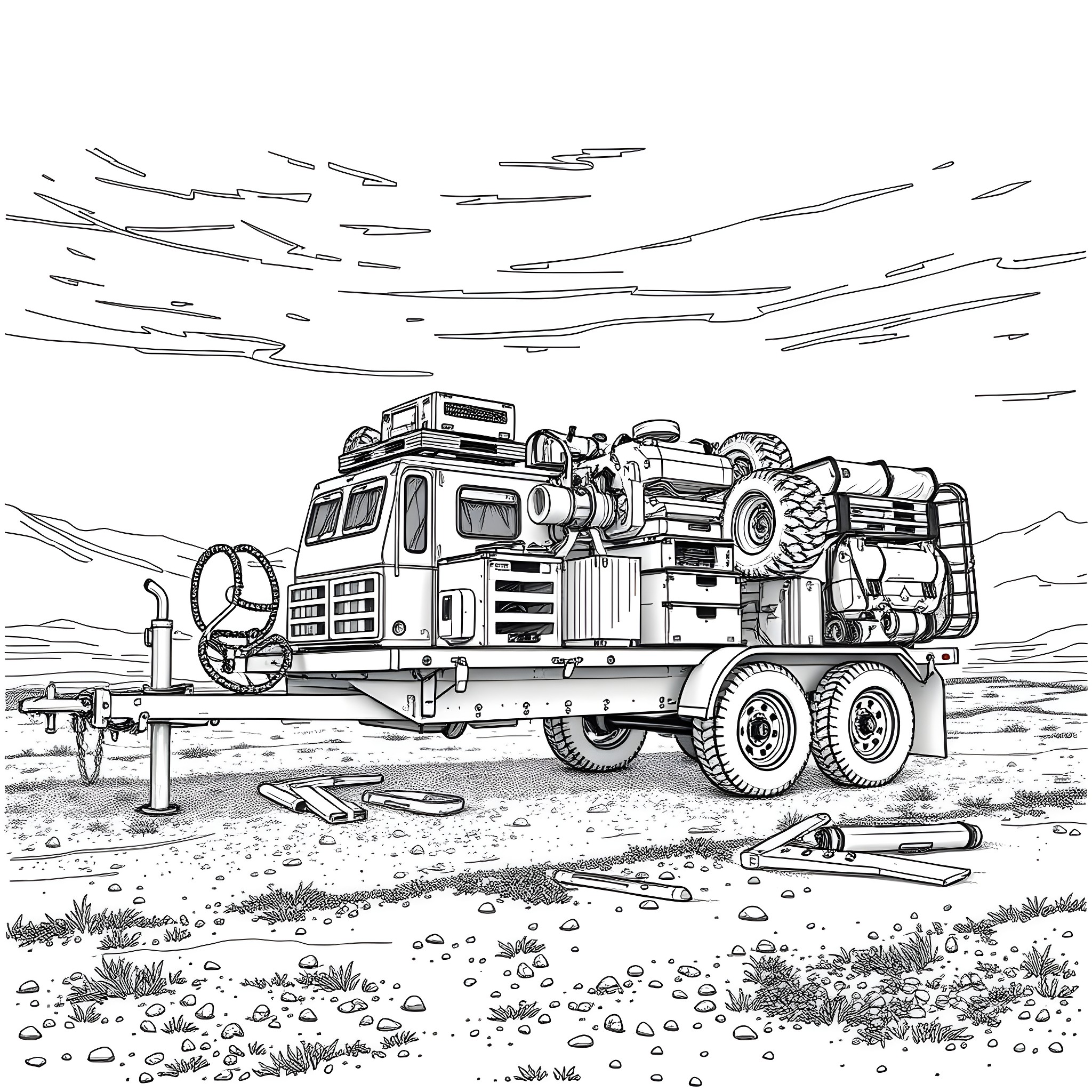 Trailer of a heavily armed military vehicle in the wilderness Coloring Page (free black-and-white line drawing printable PDF for all, from beginners to advanced learners, including children, teens, adults, and seniors)