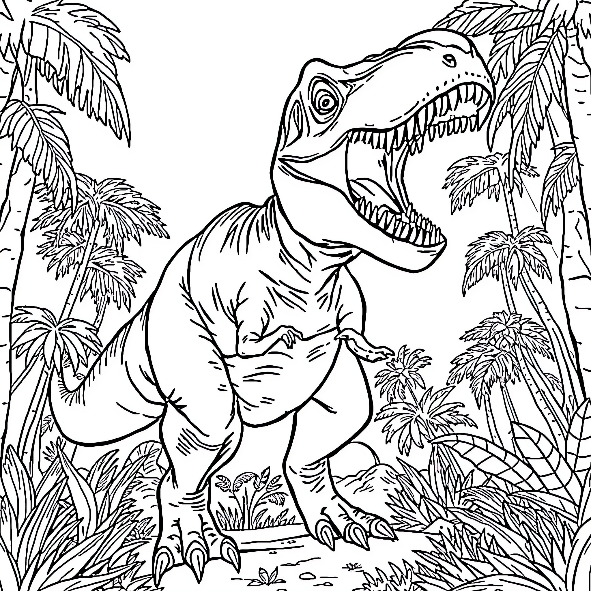 T-Rex roaming the prehistoric jungle Coloring Page (free black-and-white line drawing printable PDF for all, from beginners to advanced learners, including children, teens, adults, and seniors)