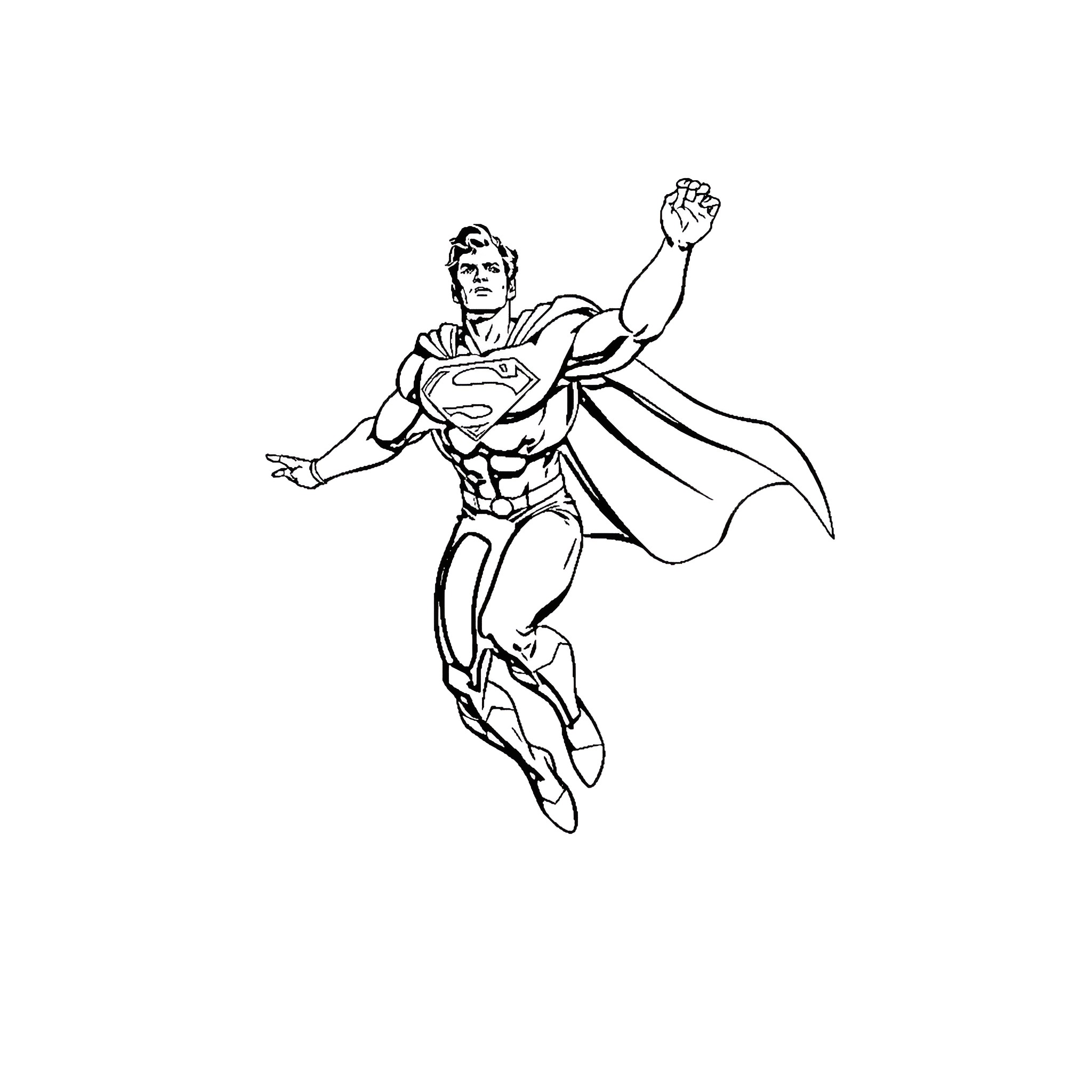 Superman in heroic pose with outstretched arms Coloring Page (free black-and-white line drawing printable PDF for all, from beginners to advanced learners, including children, teens, adults, and seniors)