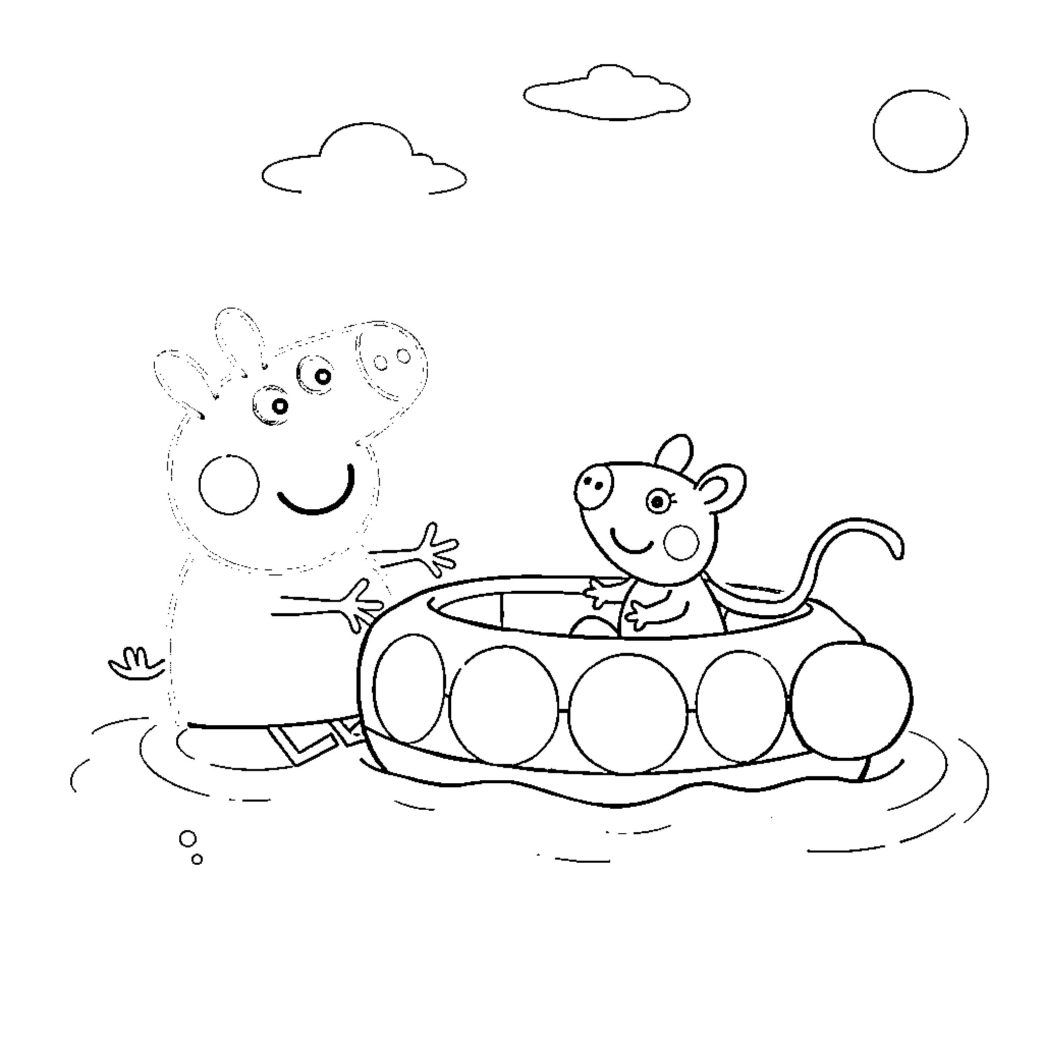 Peppa Pig and George playing in a boat Coloring Page (free black-and-white line drawing printable PDF for all, from beginners to advanced learners, including children, teens, adults, and seniors)