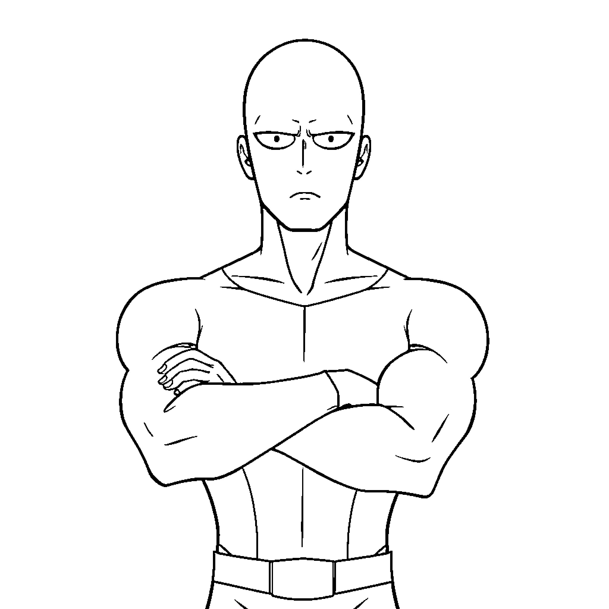 Saitama's Determined Expression and Muscular Physique Coloring Page (free black-and-white line drawing printable PDF for all, from beginners to advanced learners, including children, teens, adults, and seniors)
