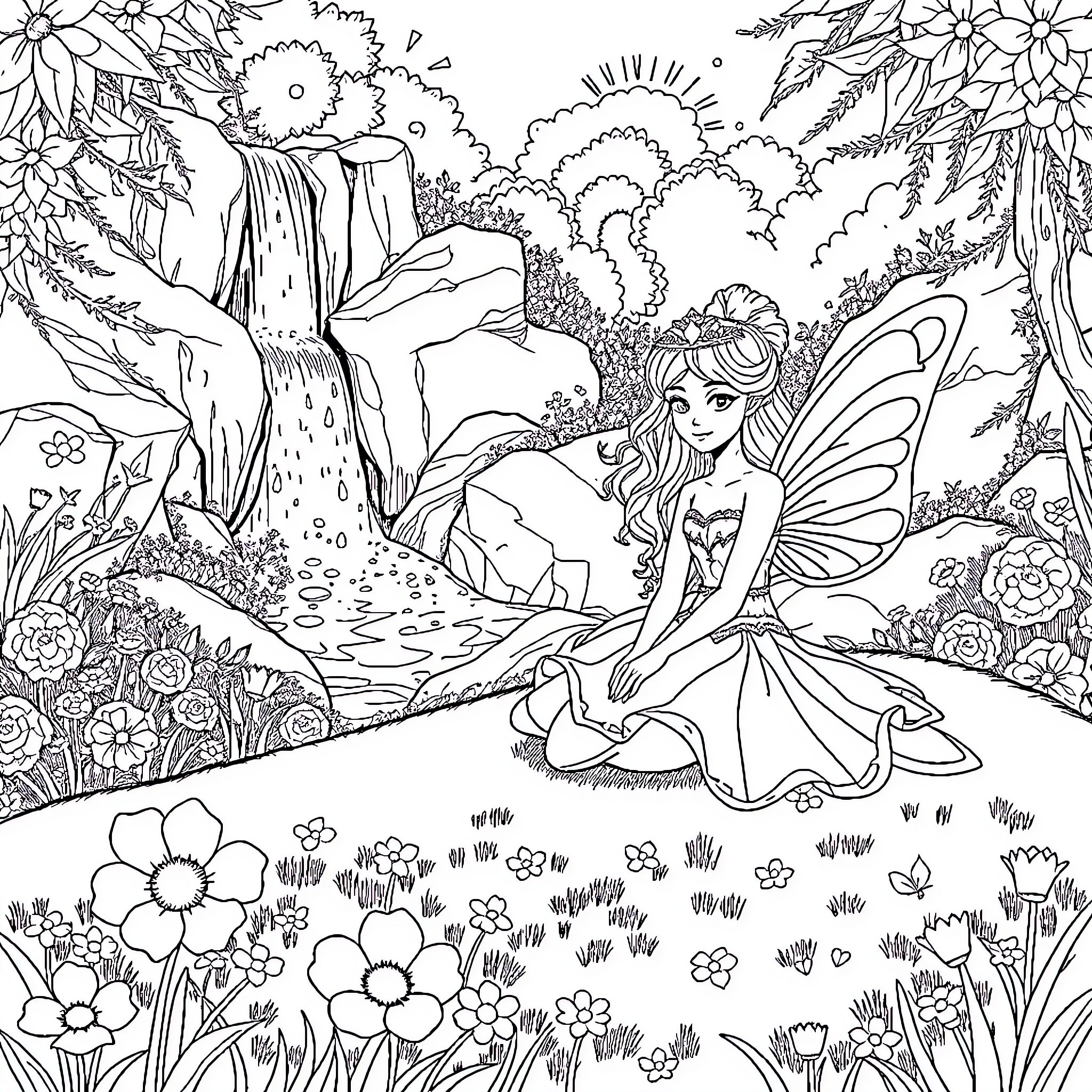 Fairy enjoying nature's beauty in a magical forest Coloring Page (free black-and-white line drawing printable PDF for all, from beginners to advanced learners, including children, teens, adults, and seniors)