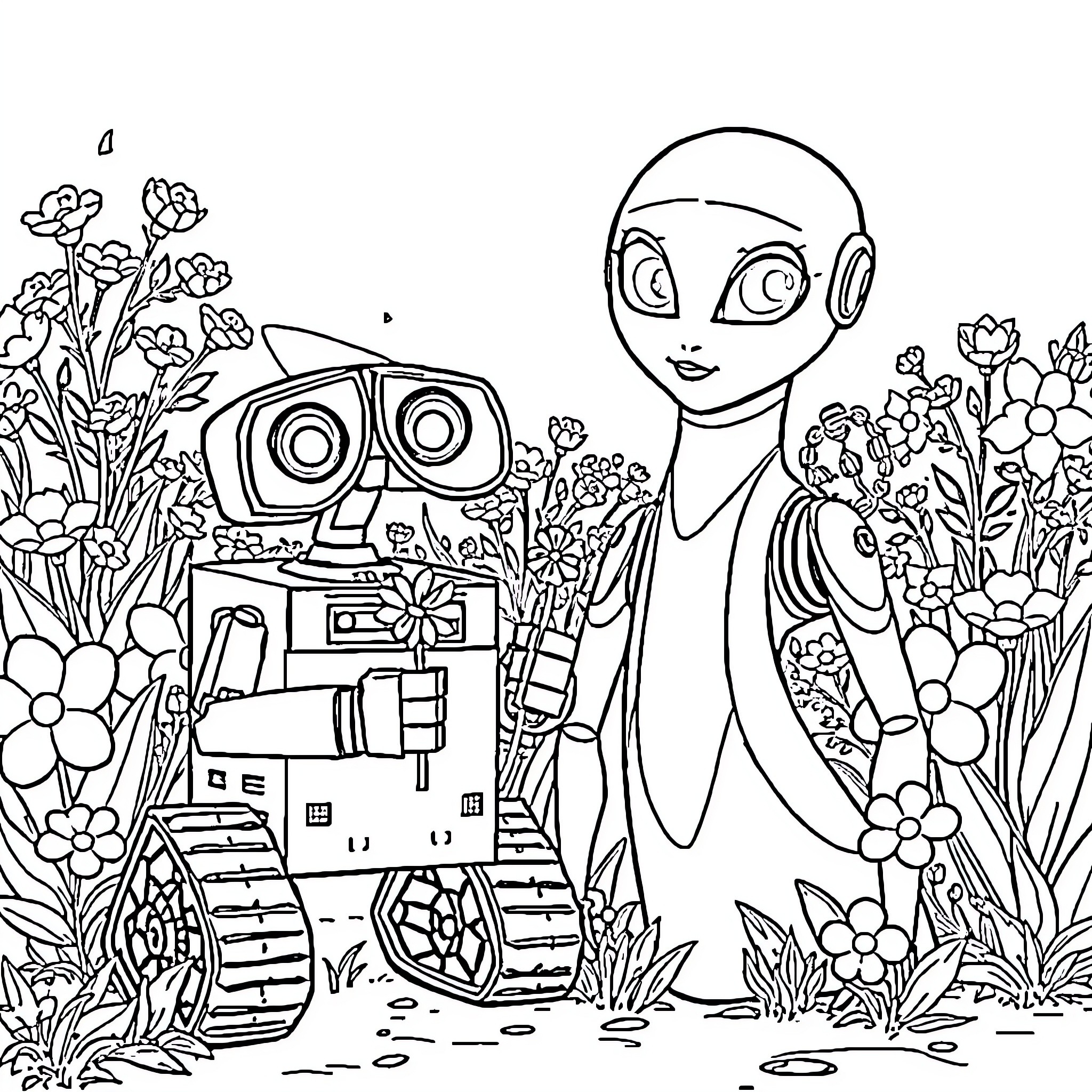 Wall-E exploring a beautiful garden with a robot companion Coloring Page (free black-and-white line drawing printable PDF for all, from beginners to advanced learners, including children, teens, adults, and seniors)