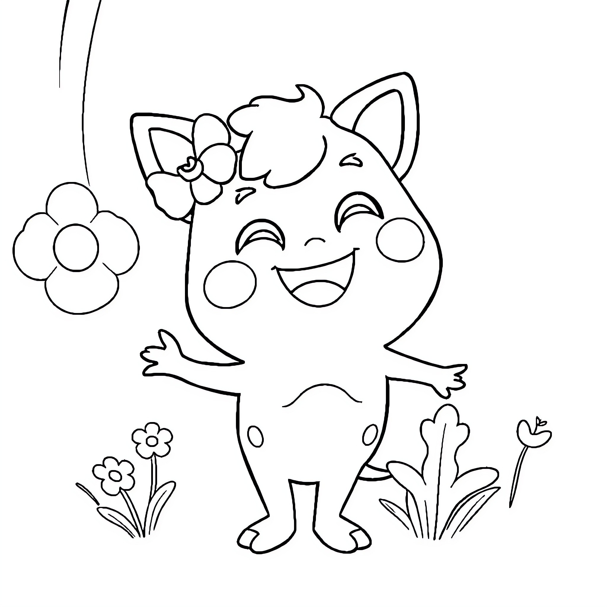 Pinkfong cute character playing with flowers Coloring Page (free black-and-white line drawing printable PDF for all, from beginners to advanced learners, including children, teens, adults, and seniors)