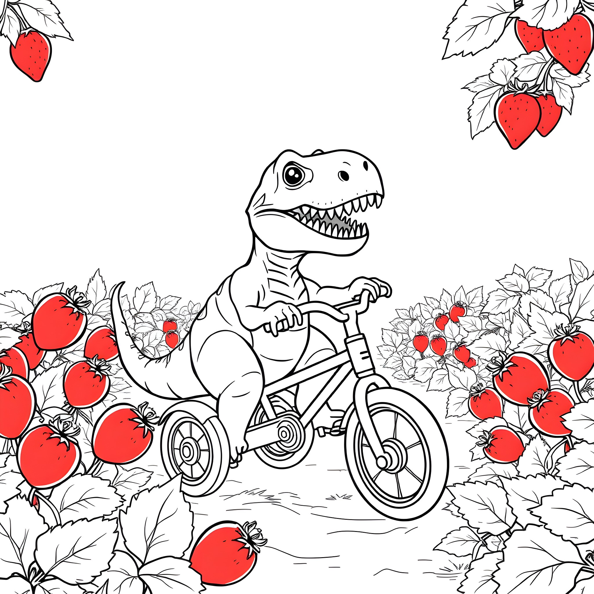 T-Rex riding a bicycle in a garden with strawberries Coloring Page (free black-and-white line drawing printable PDF for all, from beginners to advanced learners, including children, teens, adults, and seniors)