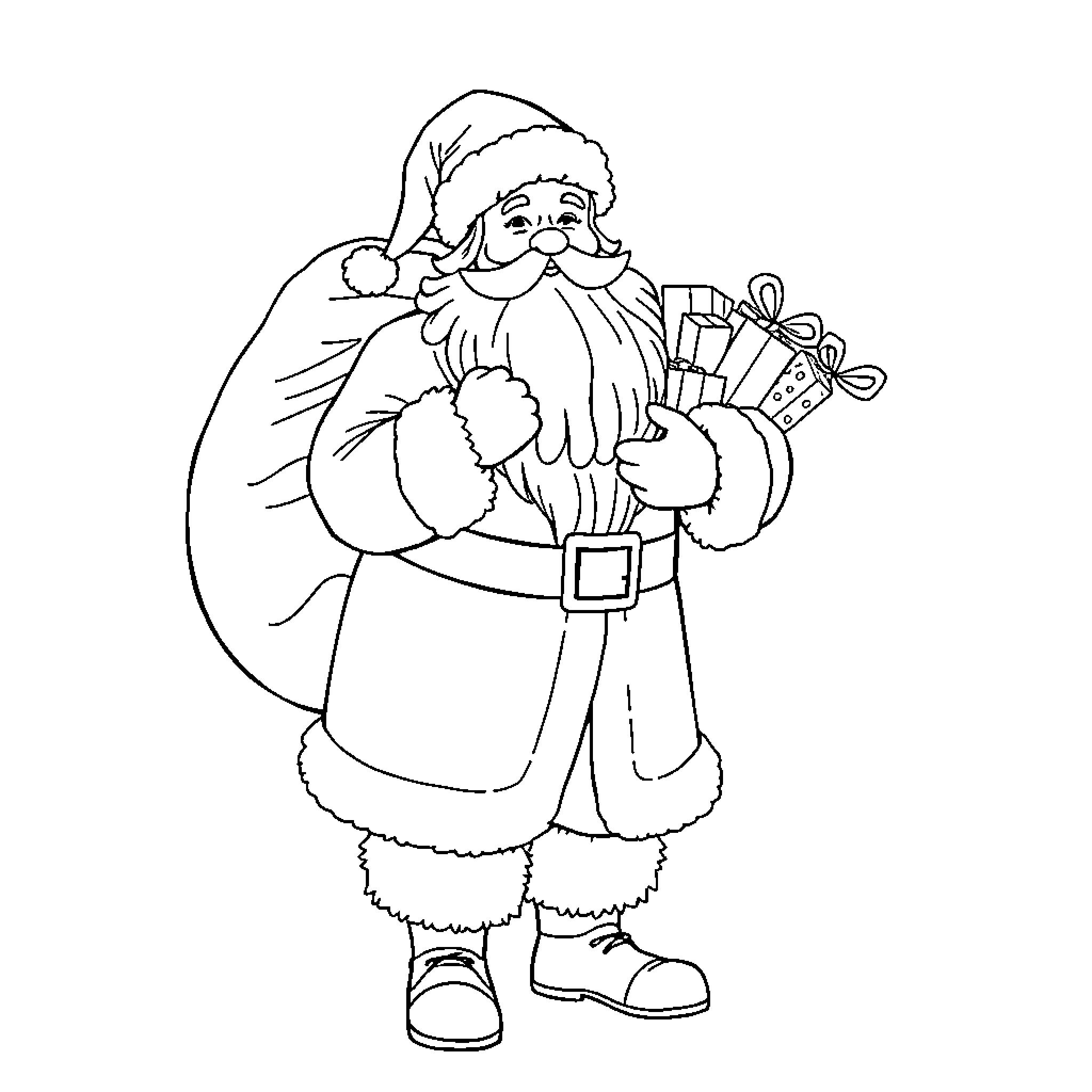 Santa Claus carrying gifts and sack Coloring Page (free black-and-white line drawing printable PDF for all, from beginners to advanced learners, including children, teens, adults, and seniors)