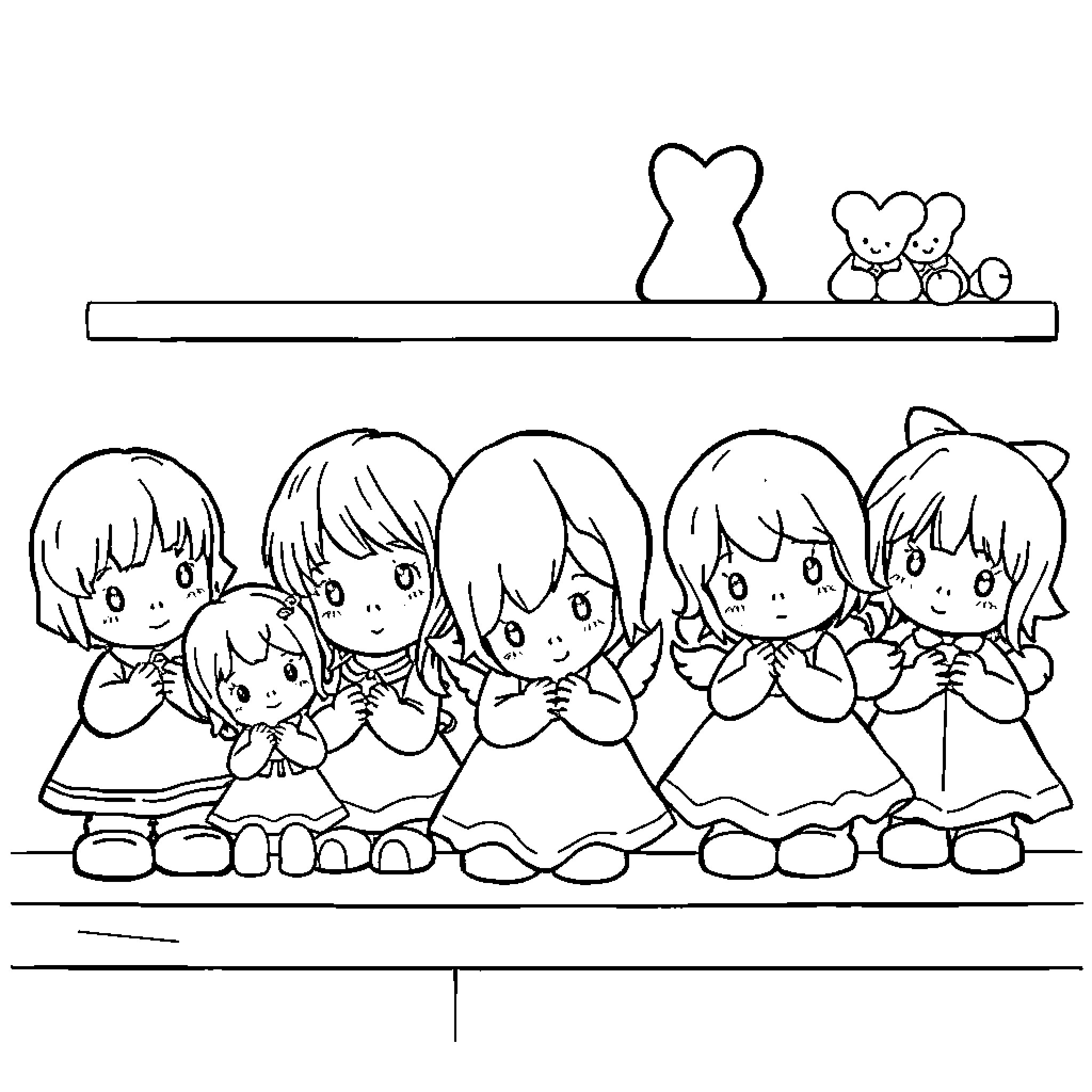 Moment of Joyful Children in Dresses Coloring Page (free black-and-white line drawing printable PDF for all, from beginners to advanced learners, including children, teens, adults, and seniors)