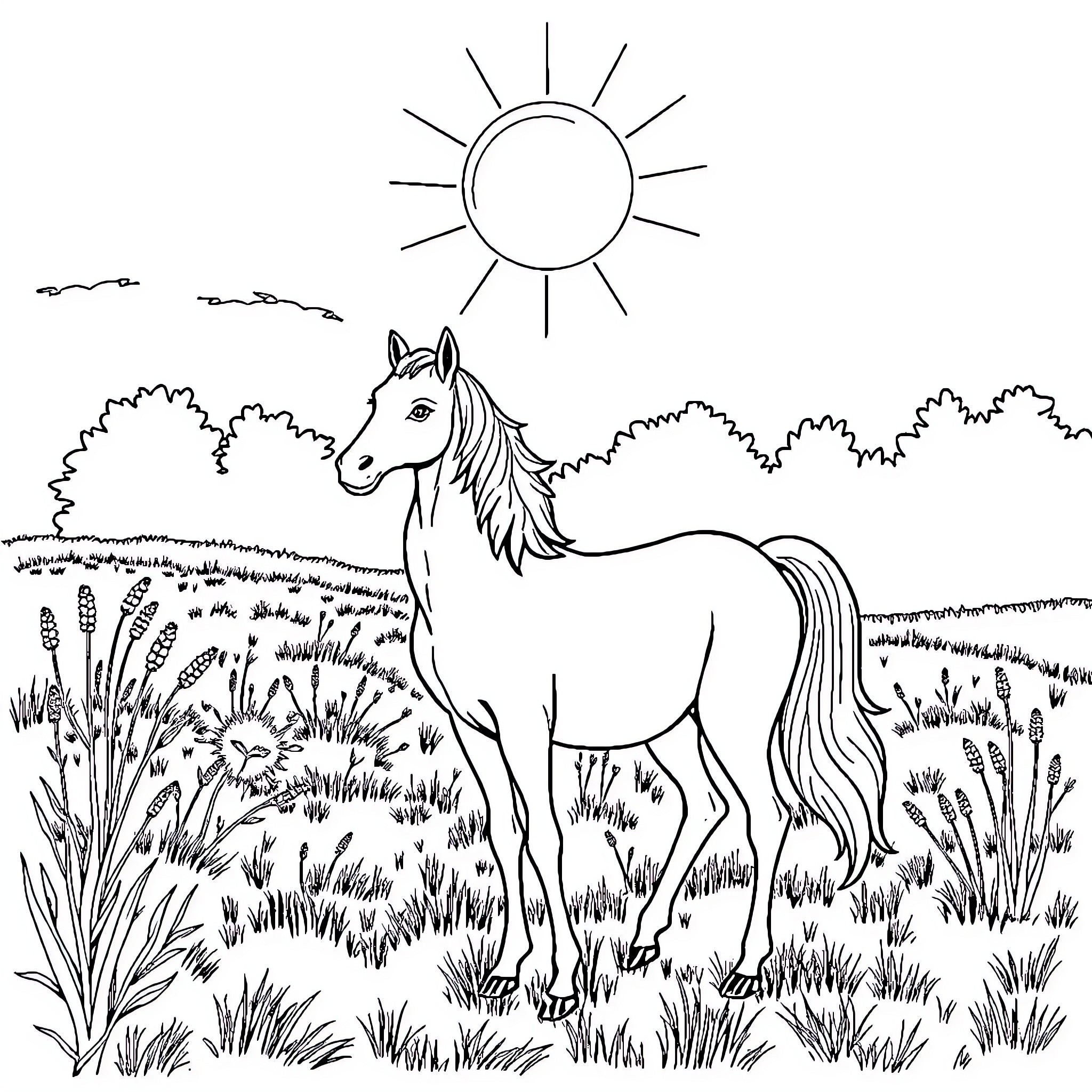 Linera's Serene Meadow: Horse Wandering in Lush Grass Coloring Page (free black-and-white line drawing printable PDF for all, from beginners to advanced learners, including children, teens, adults, and seniors)