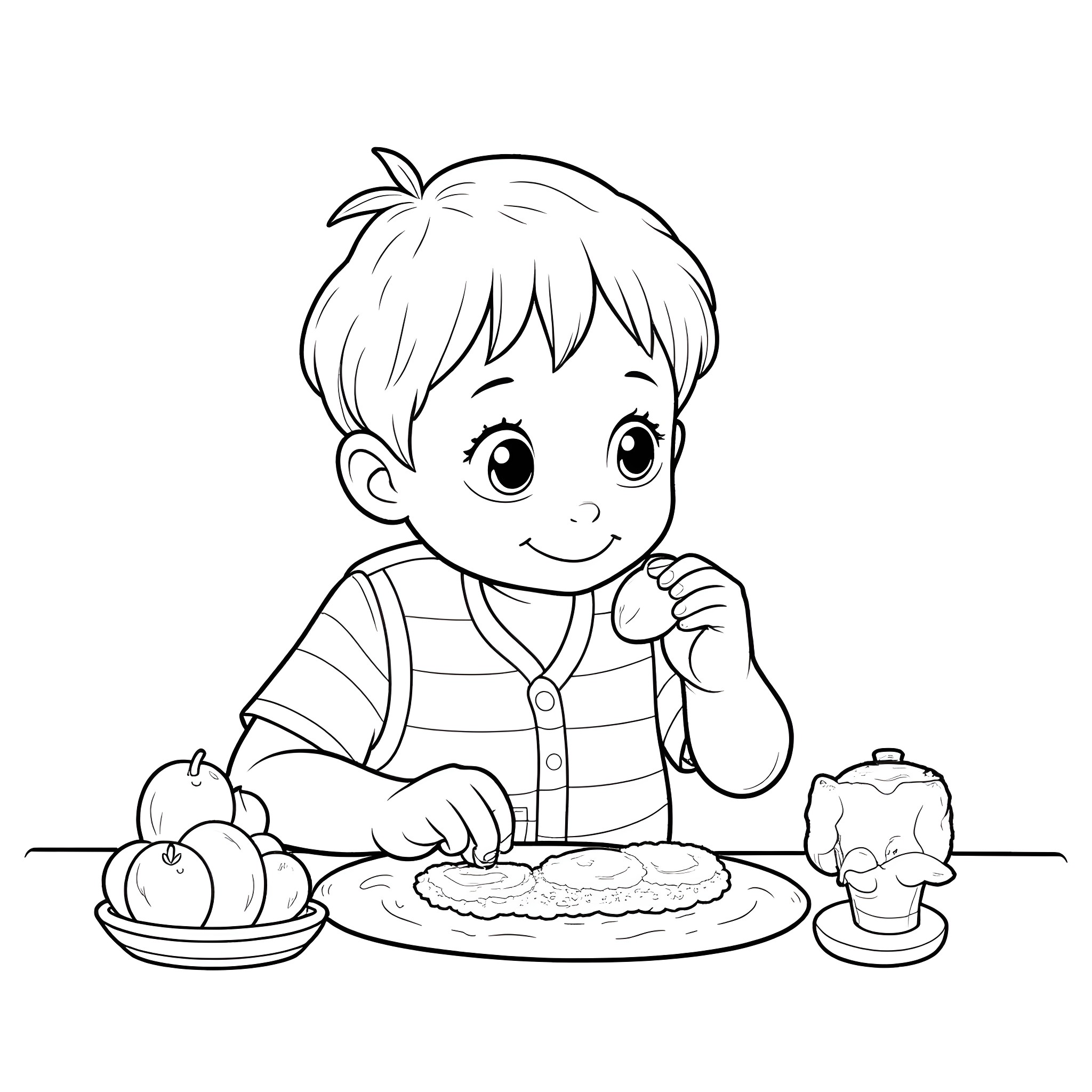Boy enjoying a delicious meal at the table Coloring Page (free black-and-white line drawing printable PDF for all, from beginners to advanced learners, including children, teens, adults, and seniors)