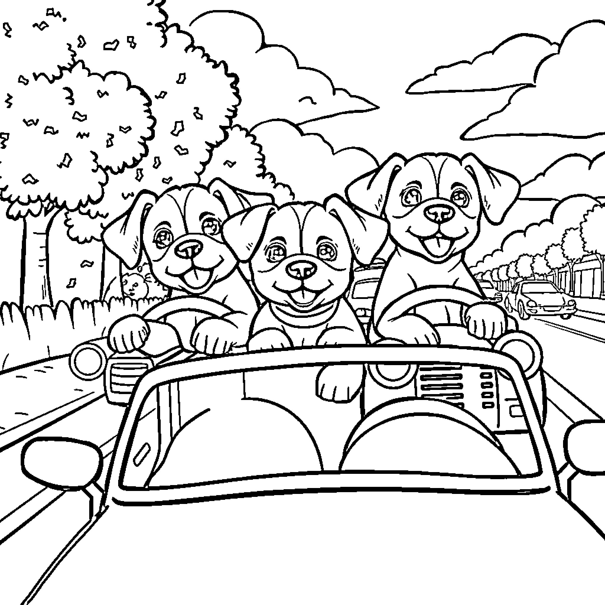 Puppy friends go on a car ride adventure Coloring Page (free black-and-white line drawing printable PDF for all, from beginners to advanced learners, including children, teens, adults, and seniors)