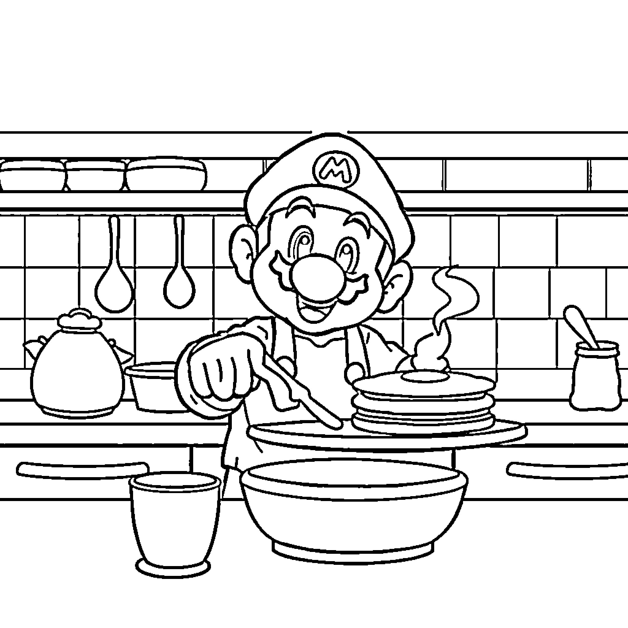 Mario cooking and preparing food in kitchen Coloring Page (free black-and-white line drawing printable PDF for all, from beginners to advanced learners, including children, teens, adults, and seniors)
