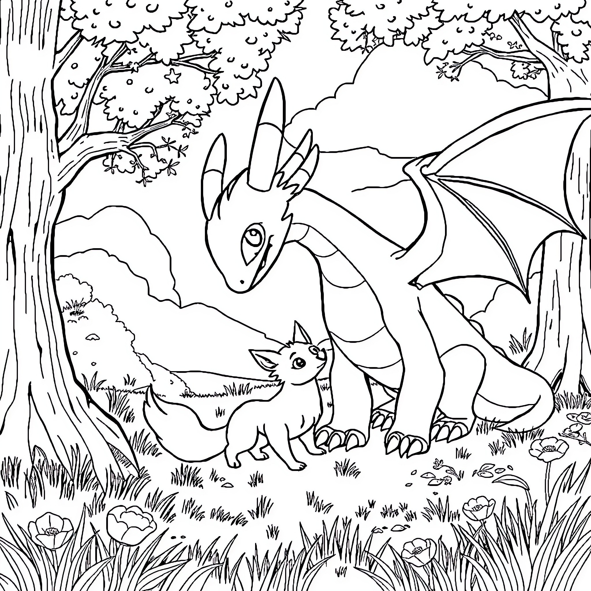 Toothless dragons exploring the enchanted forest Coloring Page (free black-and-white line drawing printable PDF for all, from beginners to advanced learners, including children, teens, adults, and seniors)