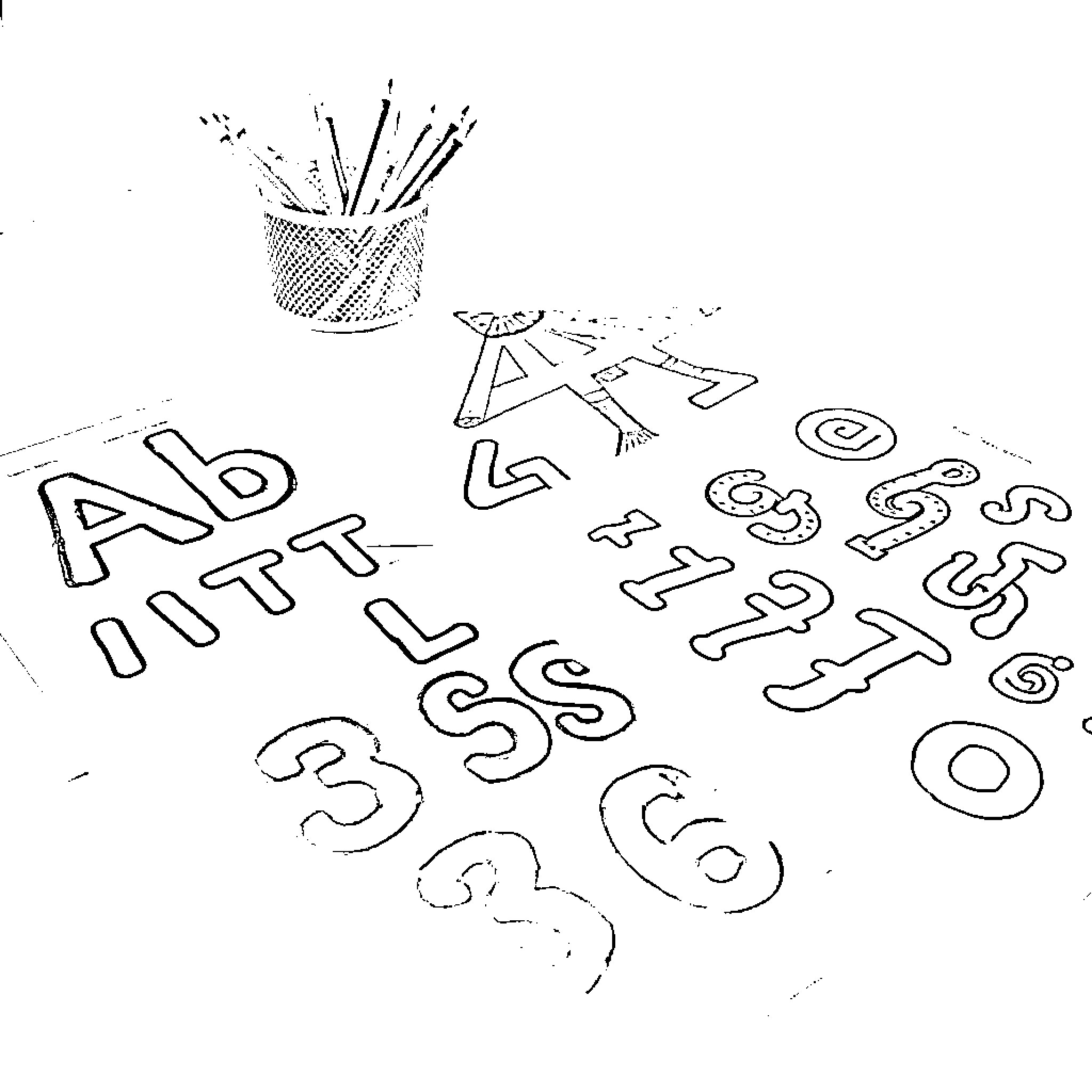 Alphabet Letters Scattered on Desk with Drawing Supplies Coloring Page (free black-and-white line drawing printable PDF for all, from beginners to advanced learners, including children, teens, adults, and seniors)
