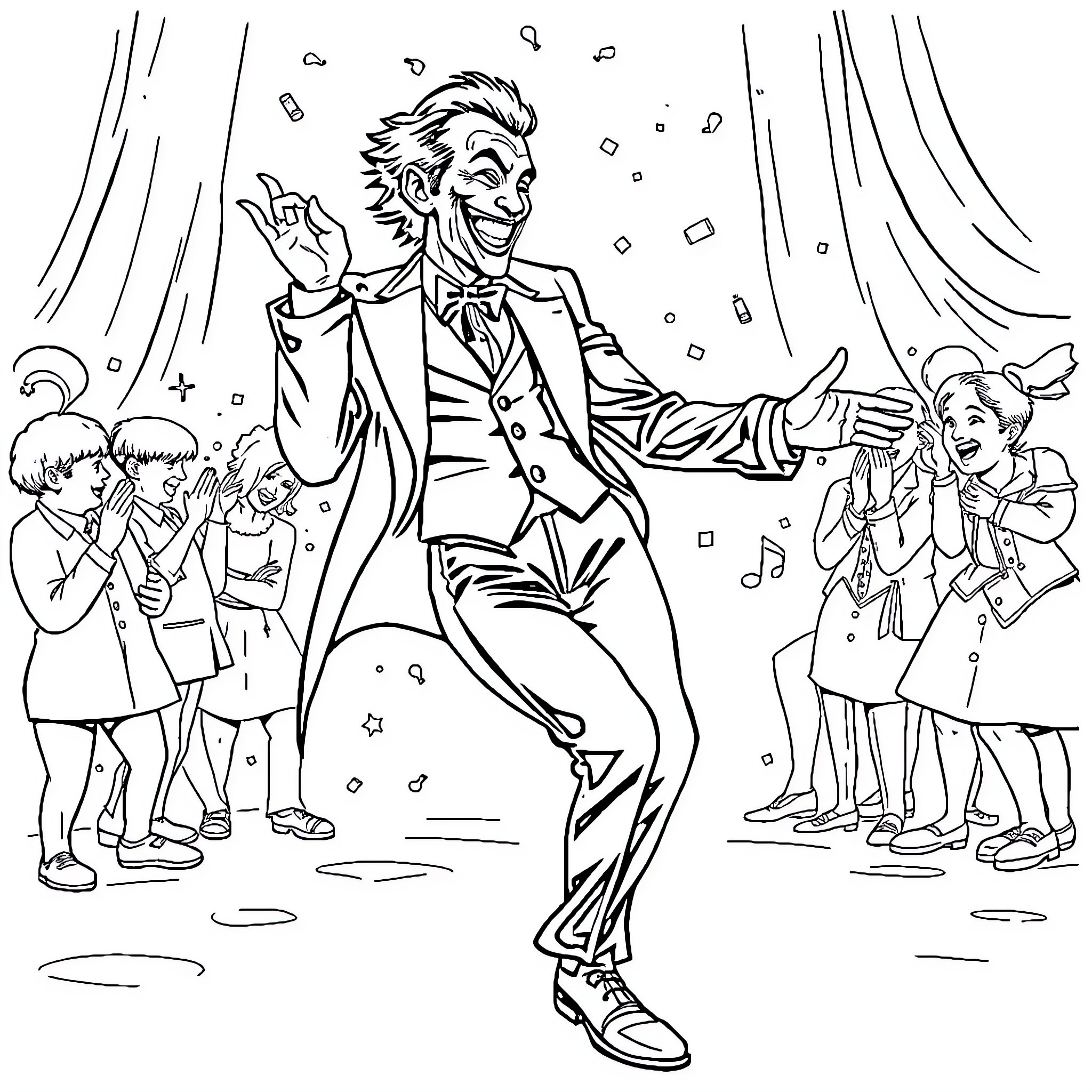Joker's Joyful Dance and Spectators Coloring Page (free black-and-white line drawing printable PDF for all, from beginners to advanced learners, including children, teens, adults, and seniors)