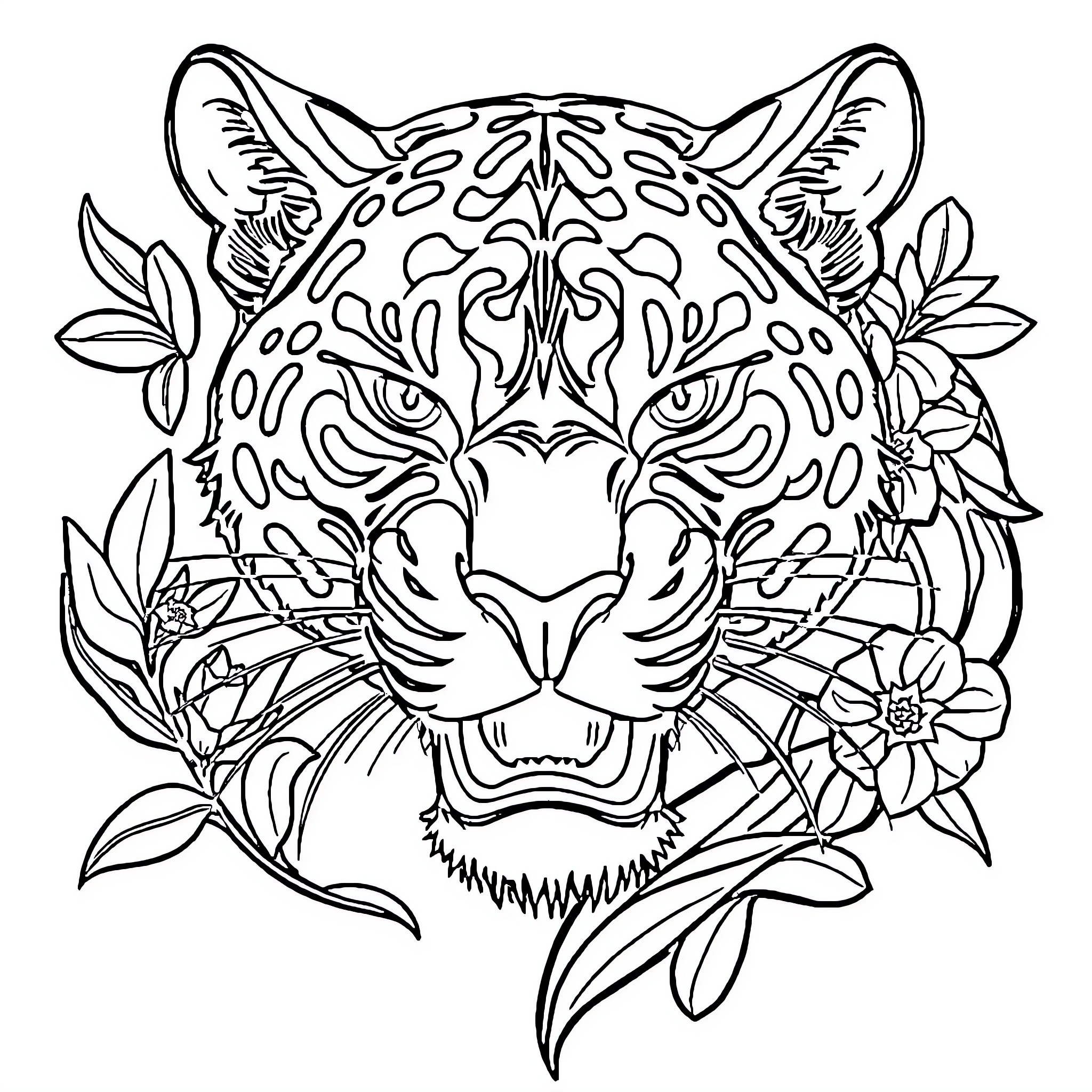 Panther's Vibrant Floral Adornment Coloring Page (free black-and-white line drawing printable PDF for all, from beginners to advanced learners, including children, teens, adults, and seniors)
