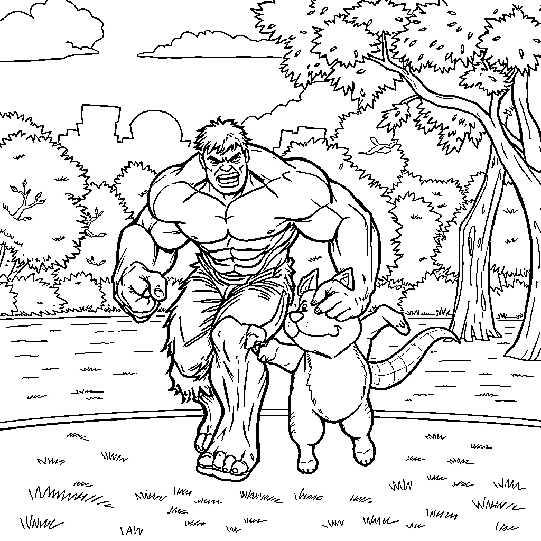 Hulk Rampaging Through Peaceful Forest Landscape Coloring Page (free black-and-white line drawing printable PDF for all, from beginners to advanced learners, including children, teens, adults, and seniors)