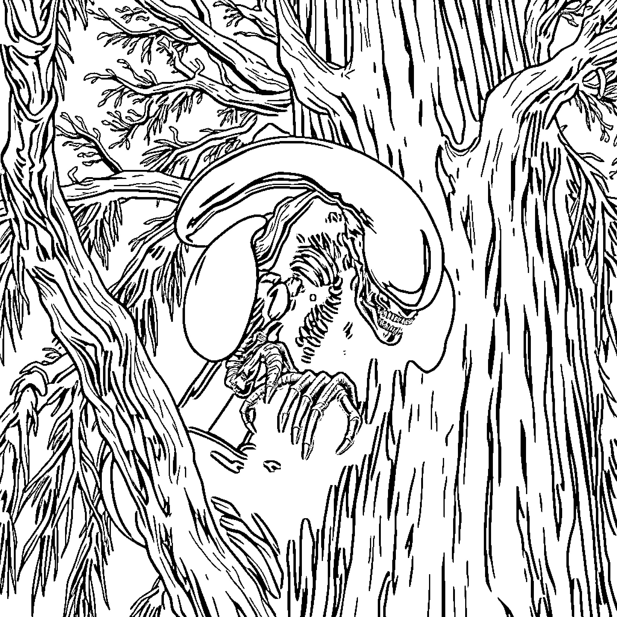 Xenomorph stalking its prey in the dark forest Coloring Page (free black-and-white line drawing printable PDF for all, from beginners to advanced learners, including children, teens, adults, and seniors)