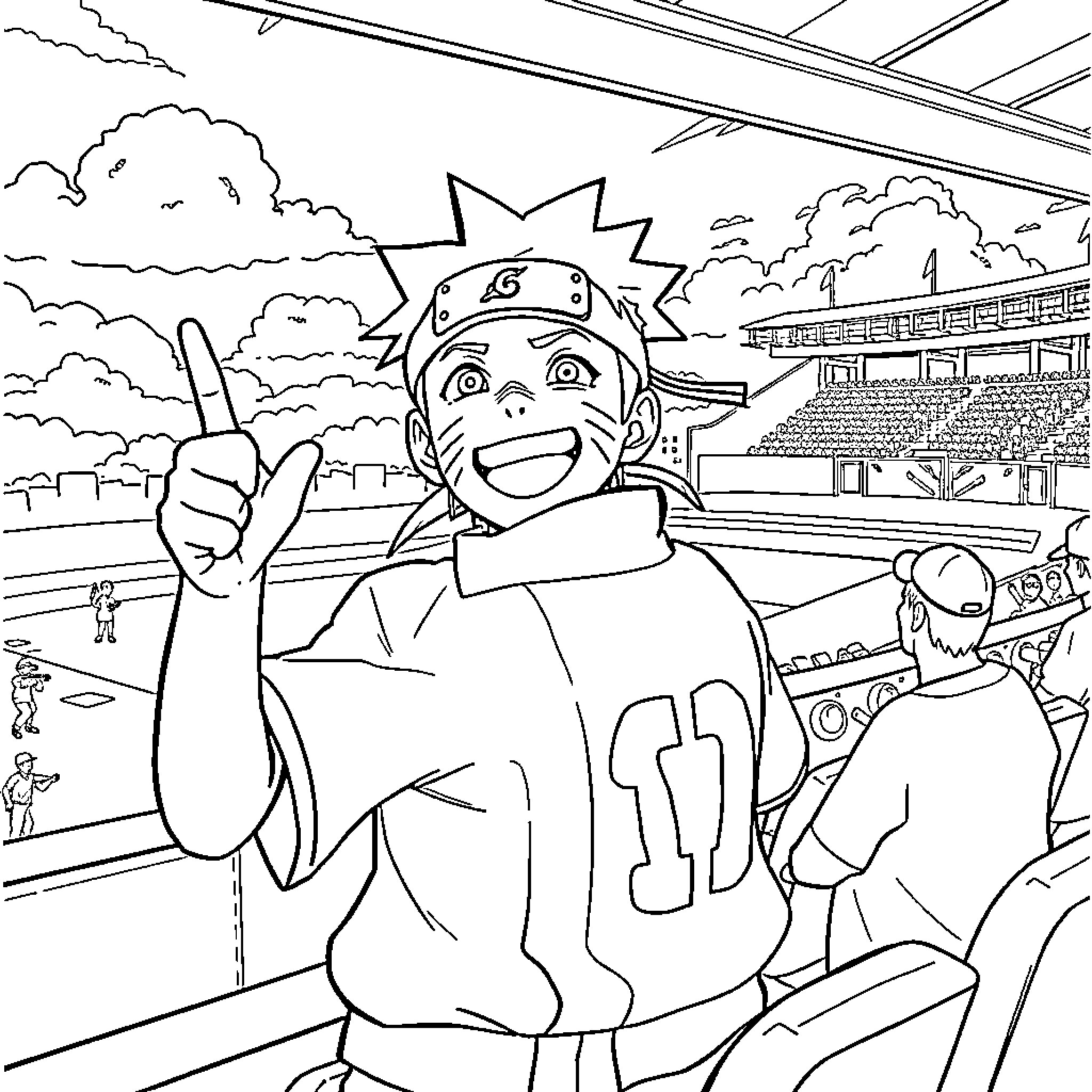 Naruto Anime Character Celebrating Victory at Sports Event Coloring Page (free black-and-white line drawing printable PDF for all, from beginners to advanced learners, including children, teens, adults, and seniors)