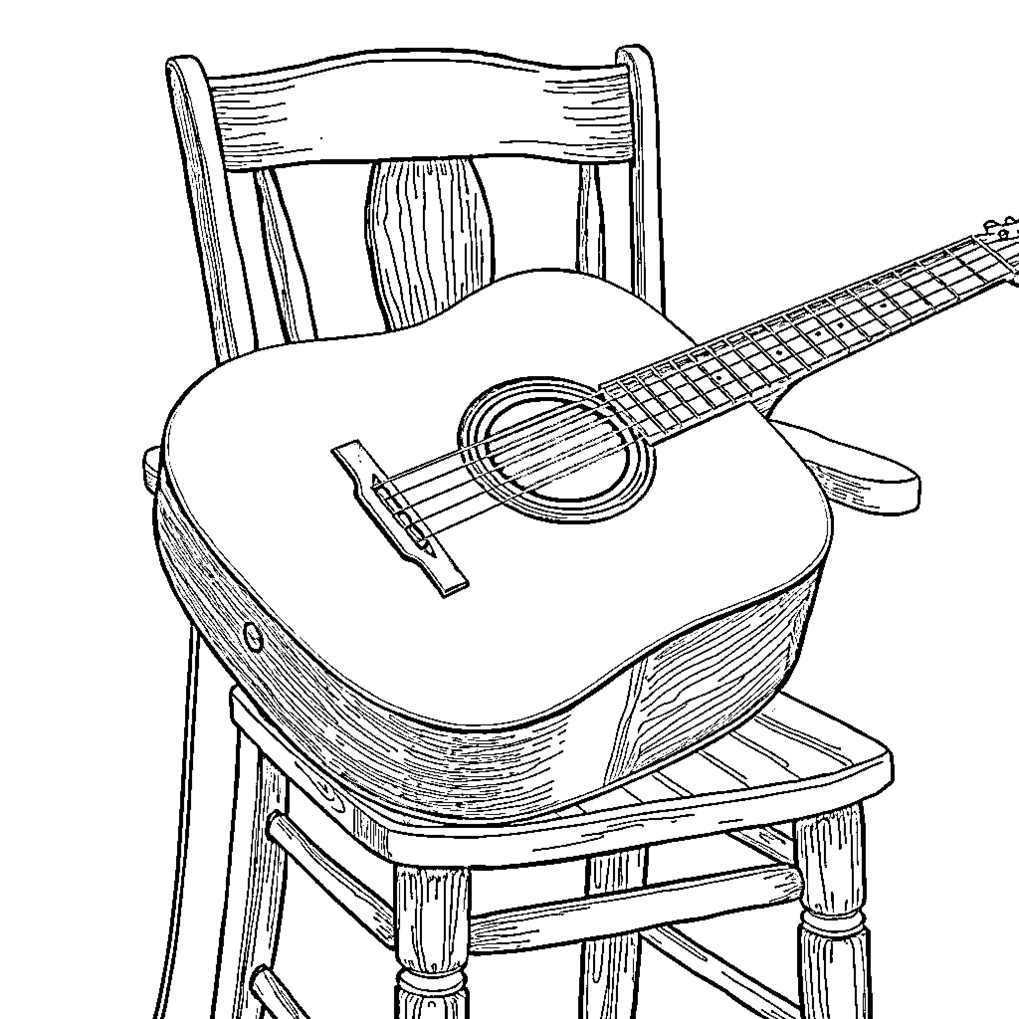 Guitar resting on a wooden chair Coloring Page (free black-and-white line drawing printable PDF for all, from beginners to advanced learners, including children, teens, adults, and seniors)