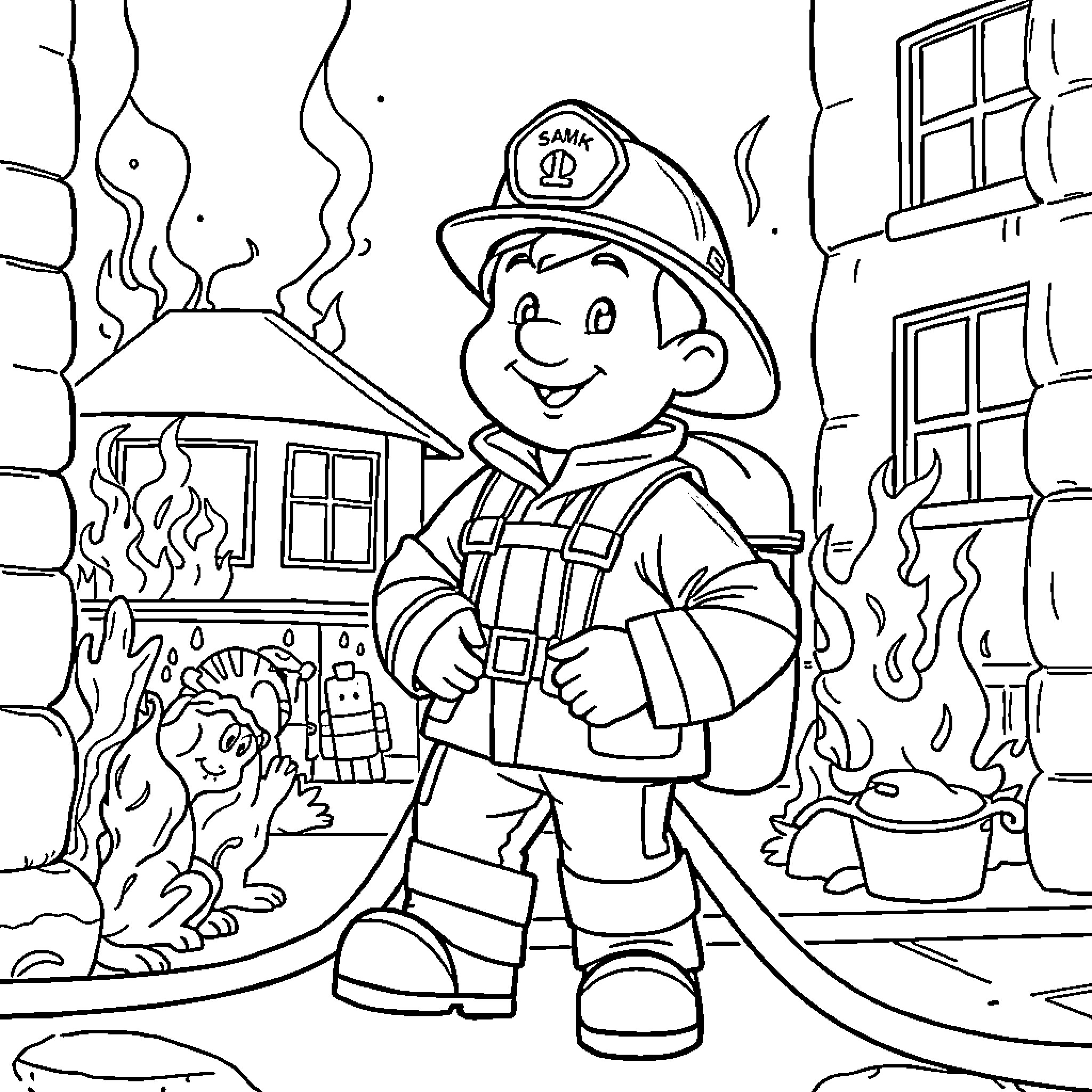 Fireman responding to a fire emergency Coloring Page (free black-and-white line drawing printable PDF for all, from beginners to advanced learners, including children, teens, adults, and seniors)