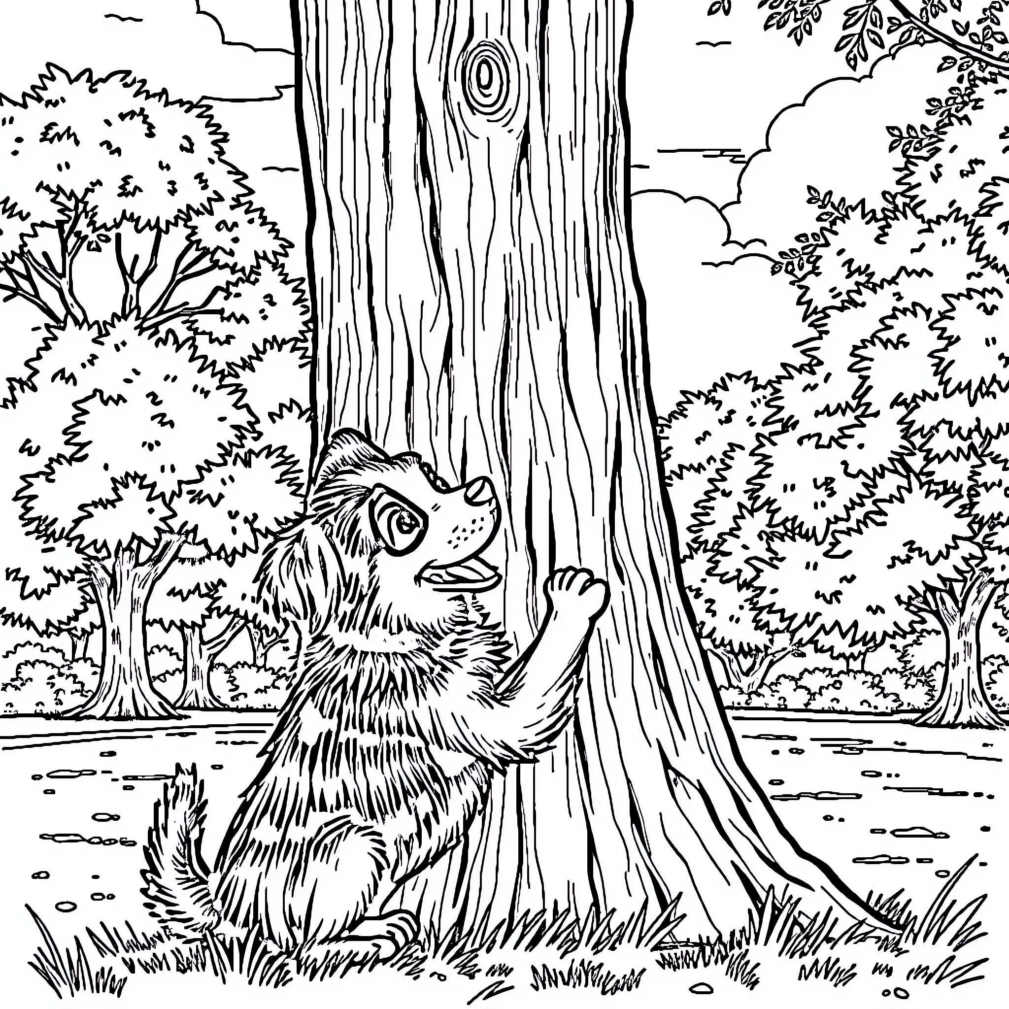 Dog scratching tree trunk in forest Coloring Page (free black-and-white line drawing printable PDF for all, from beginners to advanced learners, including children, teens, adults, and seniors)