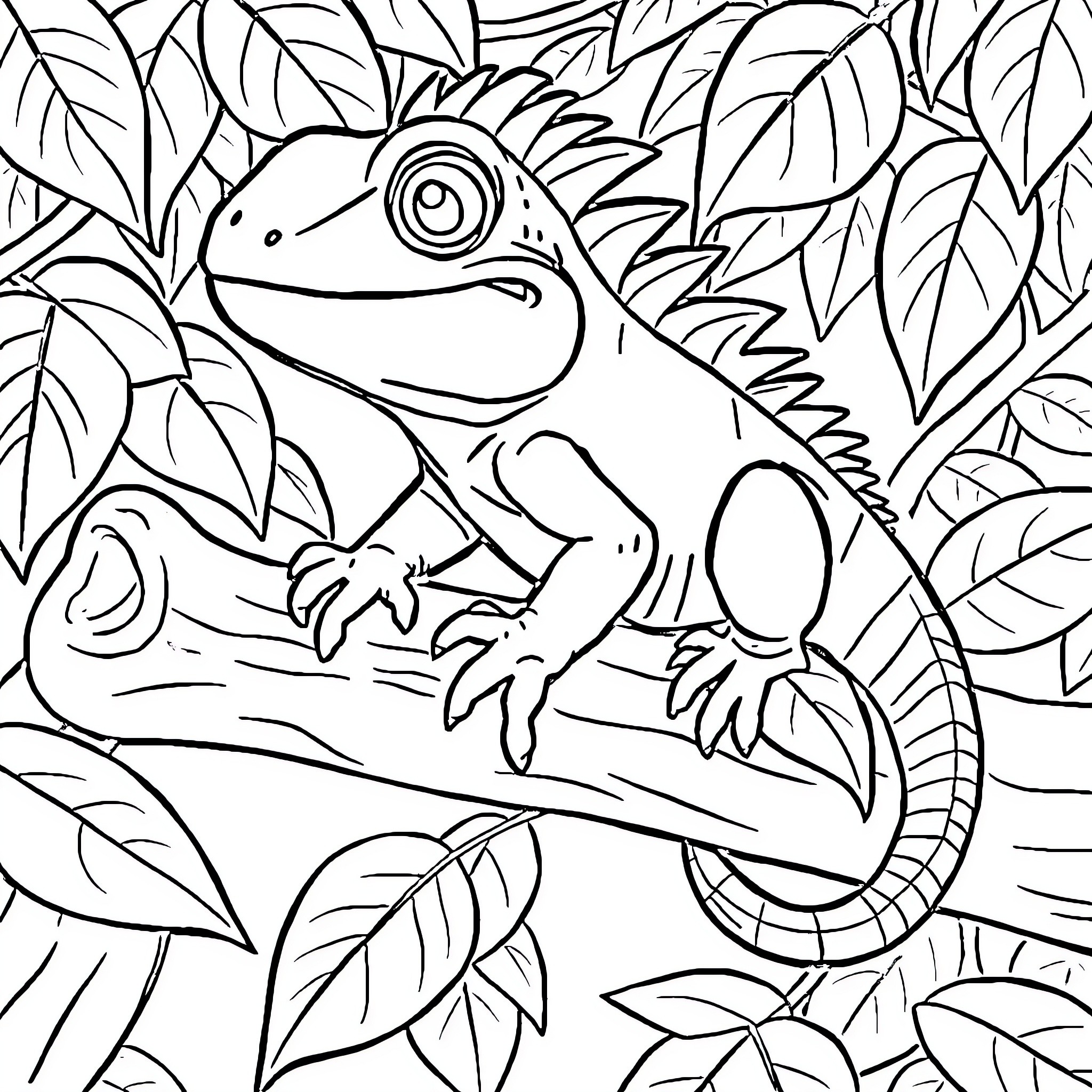 Iguana amidst lush jungle foliage Coloring Page (free black-and-white line drawing printable PDF for all, from beginners to advanced learners, including children, teens, adults, and seniors)