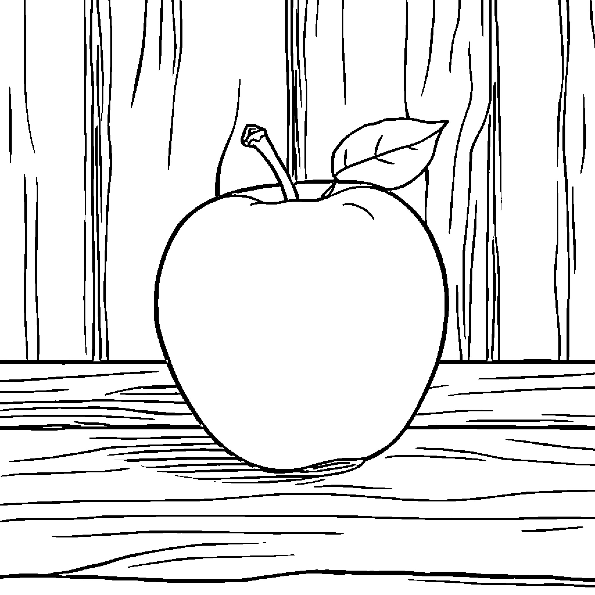 Apple on Wooden Table Coloring Page (free black-and-white line drawing printable PDF for all, from beginners to advanced learners, including children, teens, adults, and seniors)