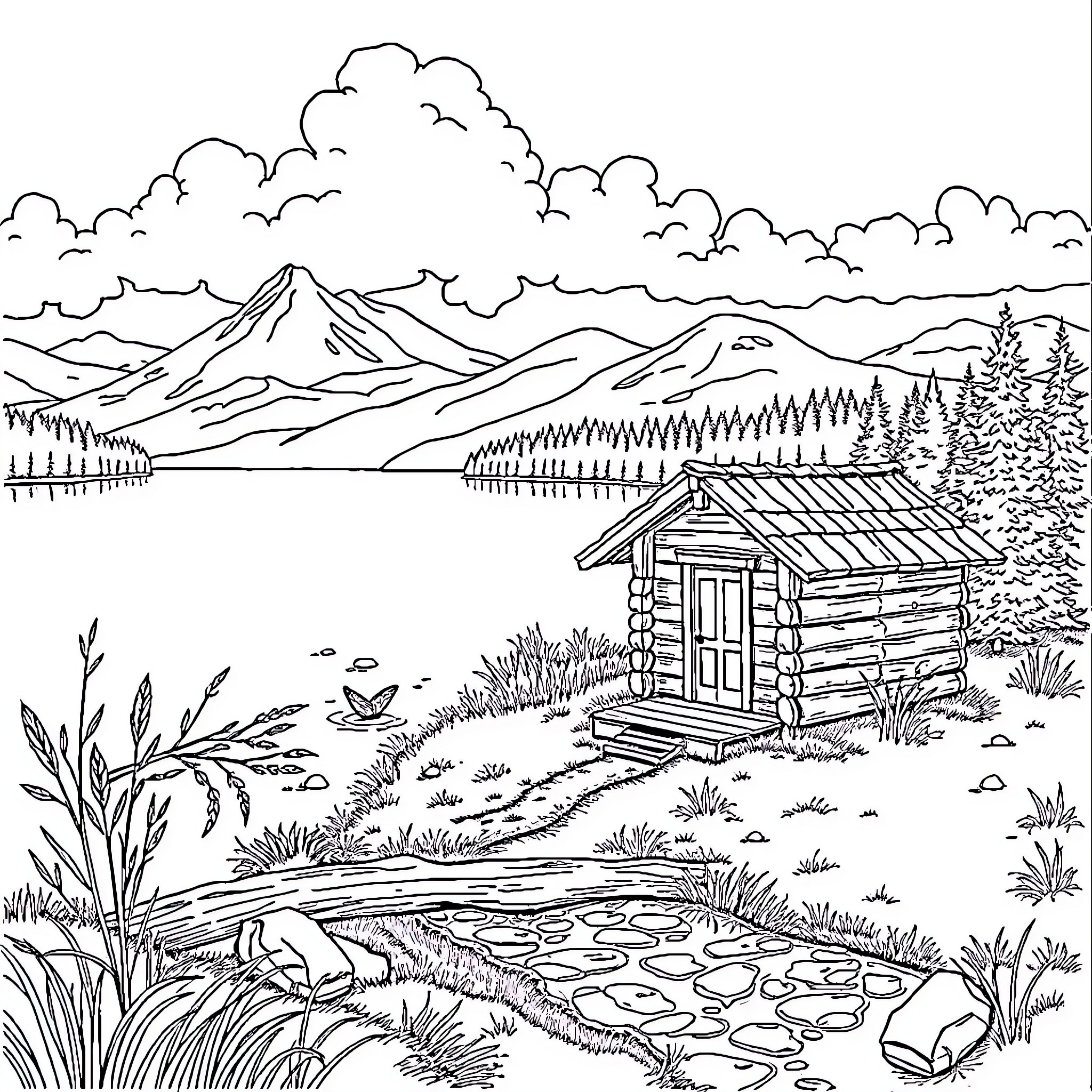 Cabin in the tranquil mountain landscape Coloring Page (free black-and-white line drawing printable PDF for all, from beginners to advanced learners, including children, teens, adults, and seniors)