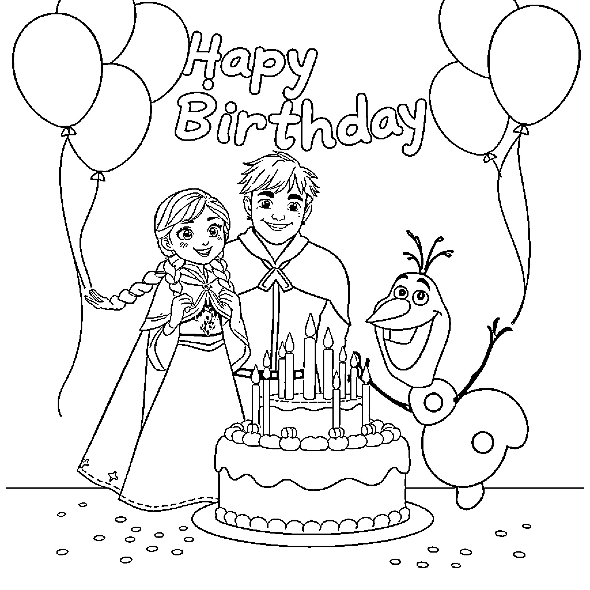 Anna's Happy Birthday Celebration with Friends Coloring Page (free black-and-white line drawing printable PDF for all, from beginners to advanced learners, including children, teens, adults, and seniors)