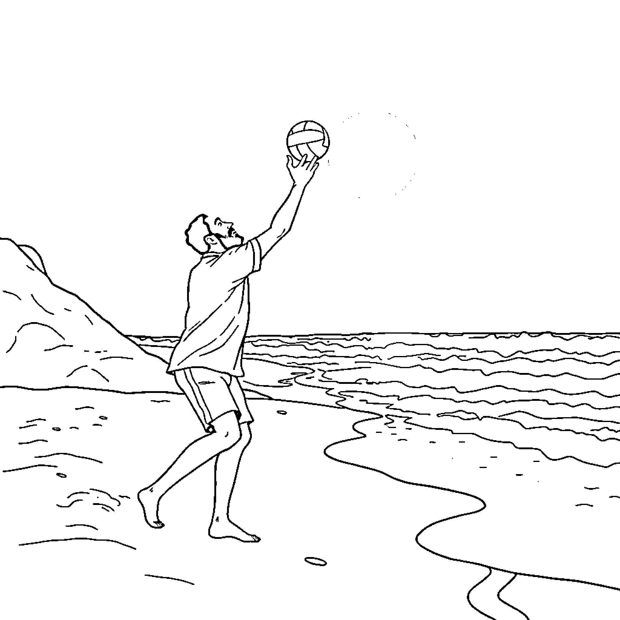 Volleyball player enjoying the beach Coloring Page (free black-and-white line drawing printable PDF for all, from beginners to advanced learners, including children, teens, adults, and seniors)