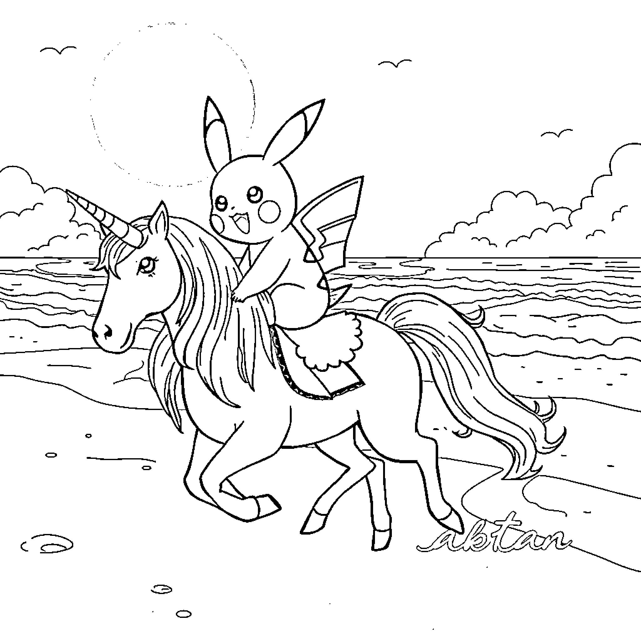 Pikachu riding a unicorn on the beach Coloring Page (free black-and-white line drawing printable PDF for all, from beginners to advanced learners, including children, teens, adults, and seniors)