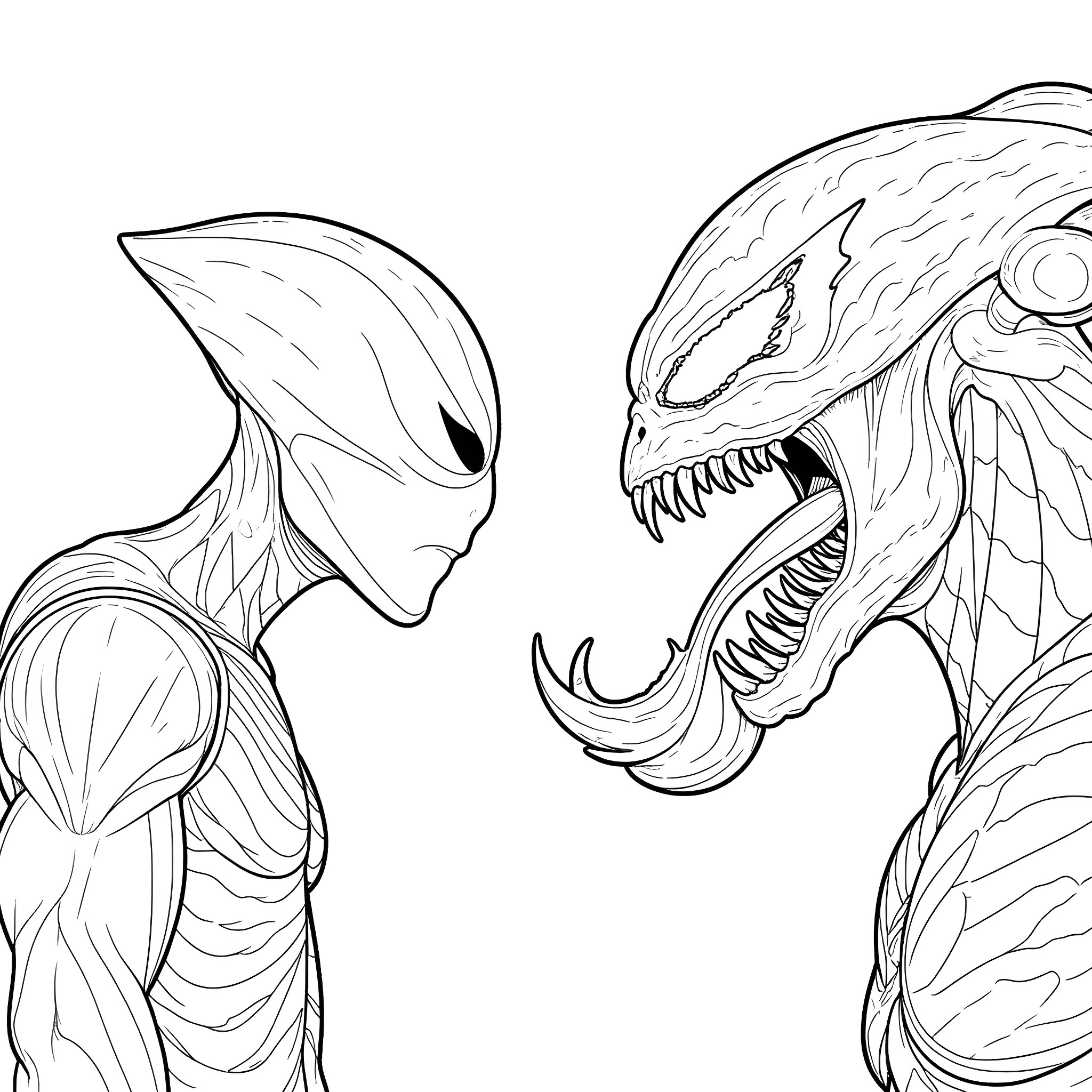 Alien Encounter: Warrior Faces Formidable Foe Coloring Page (free black-and-white line drawing printable PDF for all, from beginners to advanced learners, including children, teens, adults, and seniors)