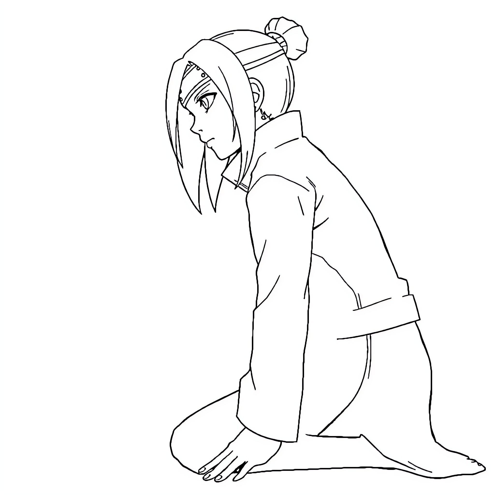 Kushina Uzumaki in Thoughtful Pose Coloring Page (free black-and-white line drawing printable PDF for all, from beginners to advanced learners, including children, teens, adults, and seniors)
