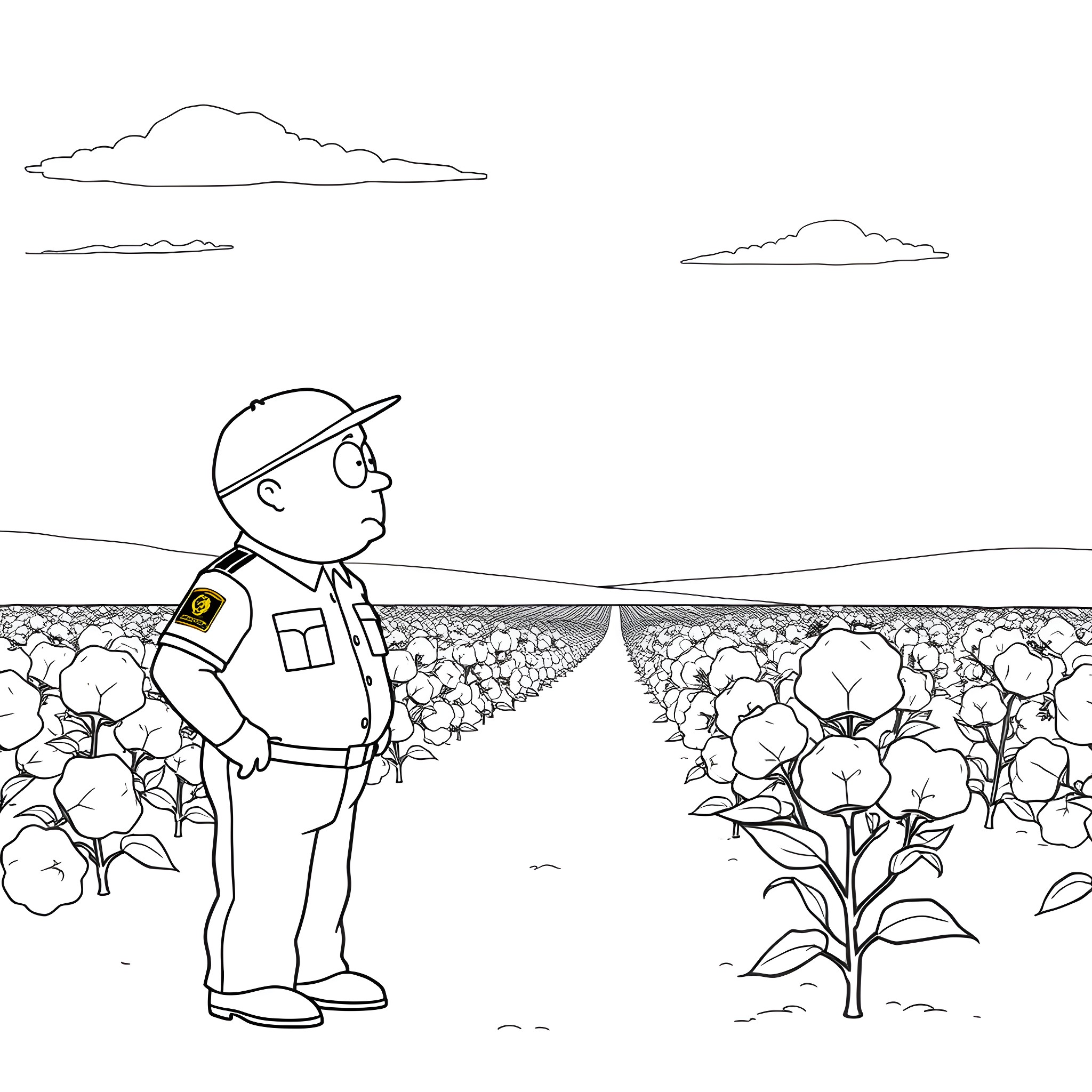 Eric Cartman as a cotton farmer in the field Coloring Page (free black-and-white line drawing printable PDF for all, from beginners to advanced learners, including children, teens, adults, and seniors)