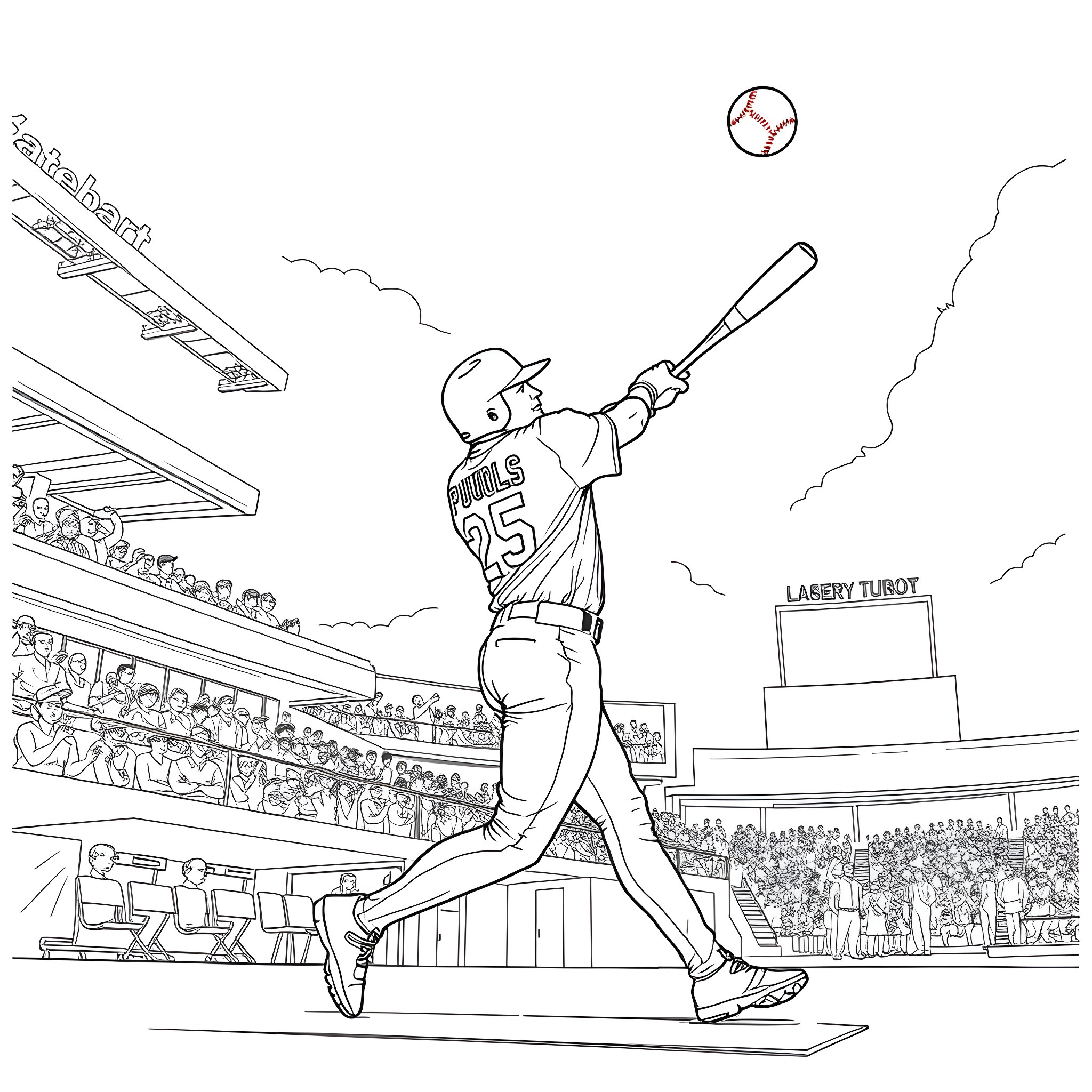 Albert Pujols playing baseball in the stadium Coloring Page (free black-and-white line drawing printable PDF for all, from beginners to advanced learners, including children, teens, adults, and seniors)