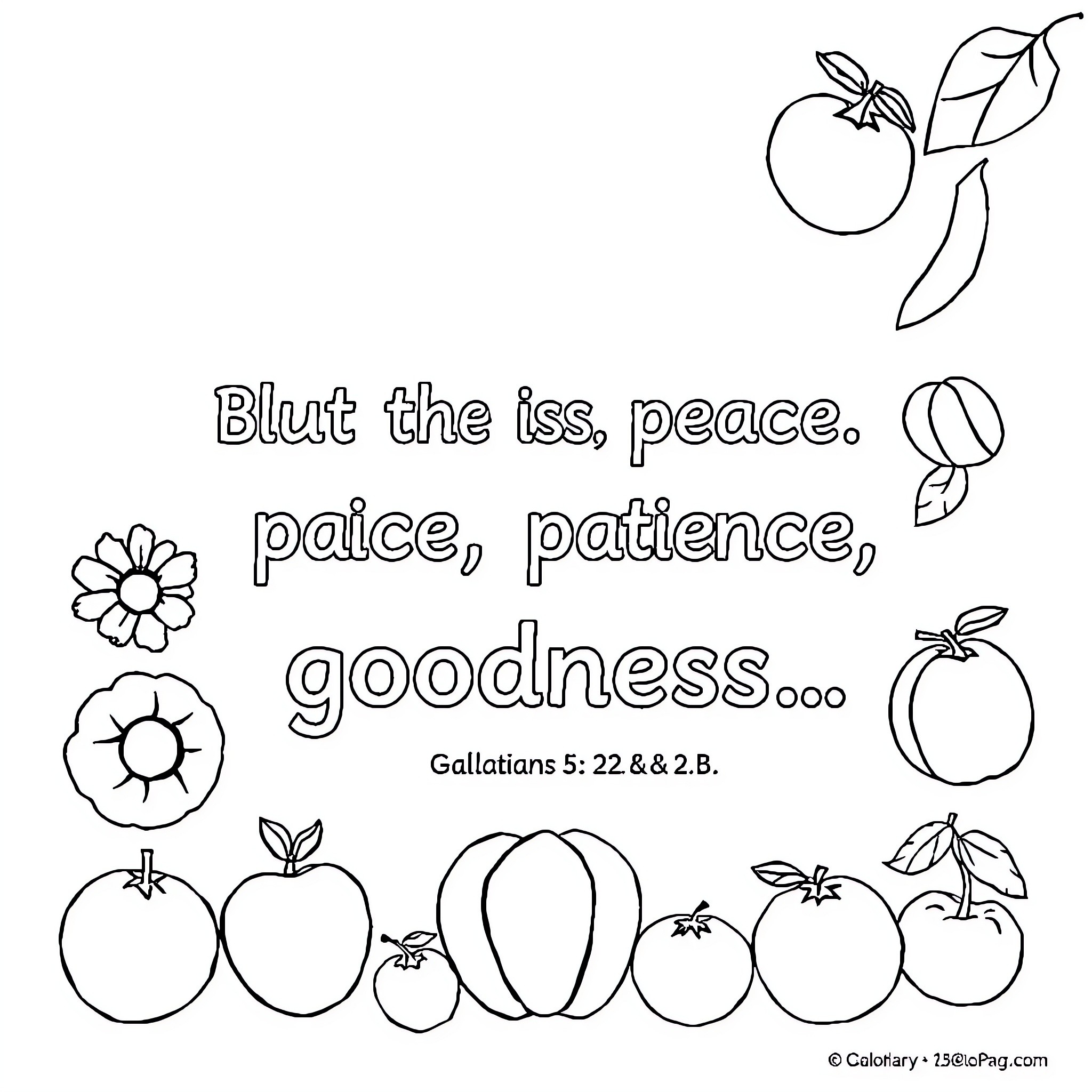 Fruit-inspired calligraphy and religious message Coloring Page (free black-and-white line drawing printable PDF for all, from beginners to advanced learners, including children, teens, adults, and seniors)