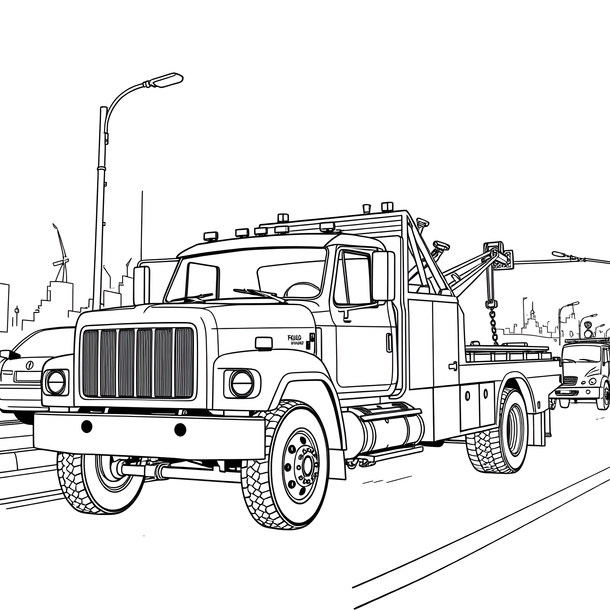 Wrecker Truck Towing Damaged Vehicle in Urban Landscape Coloring Page (free black-and-white line drawing printable PDF for all, from beginners to advanced learners, including children, teens, adults, and seniors)