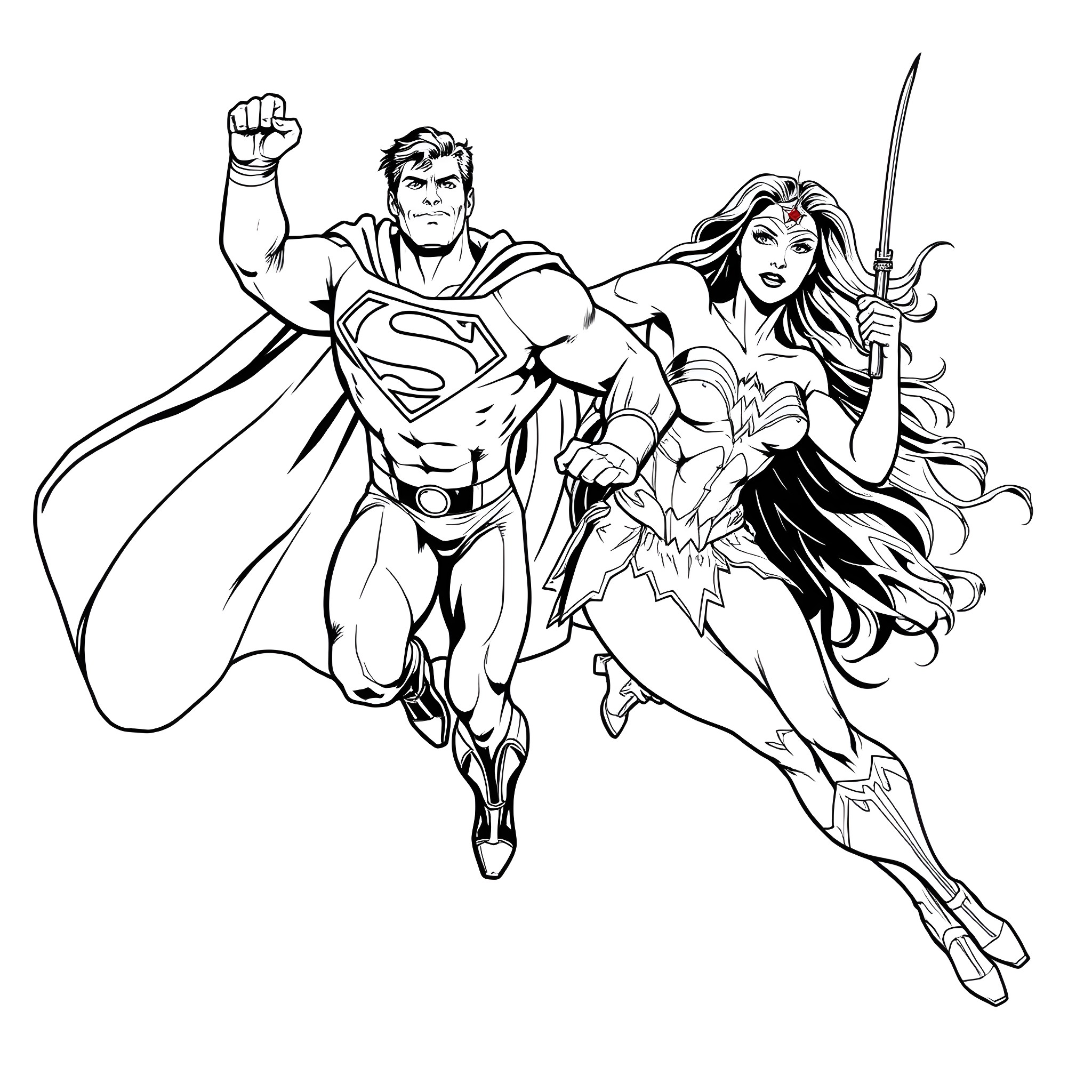 Superman and Wonder Woman in action poses Coloring Page (free black-and-white line drawing printable PDF for all, from beginners to advanced learners, including children, teens, adults, and seniors)