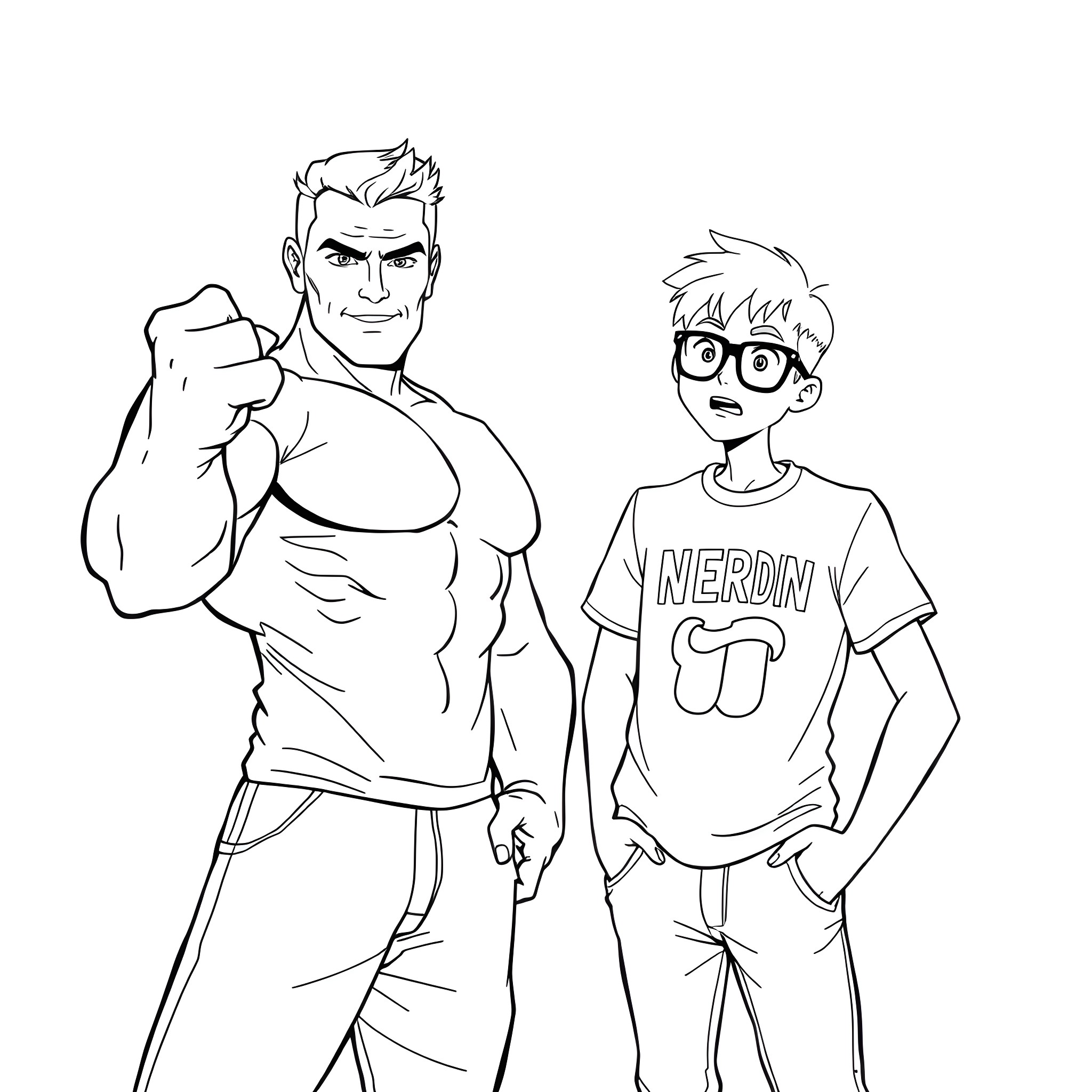 Man and Boy in Casual Outfits Coloring Page (free black-and-white line drawing printable PDF for all, from beginners to advanced learners, including children, teens, adults, and seniors)