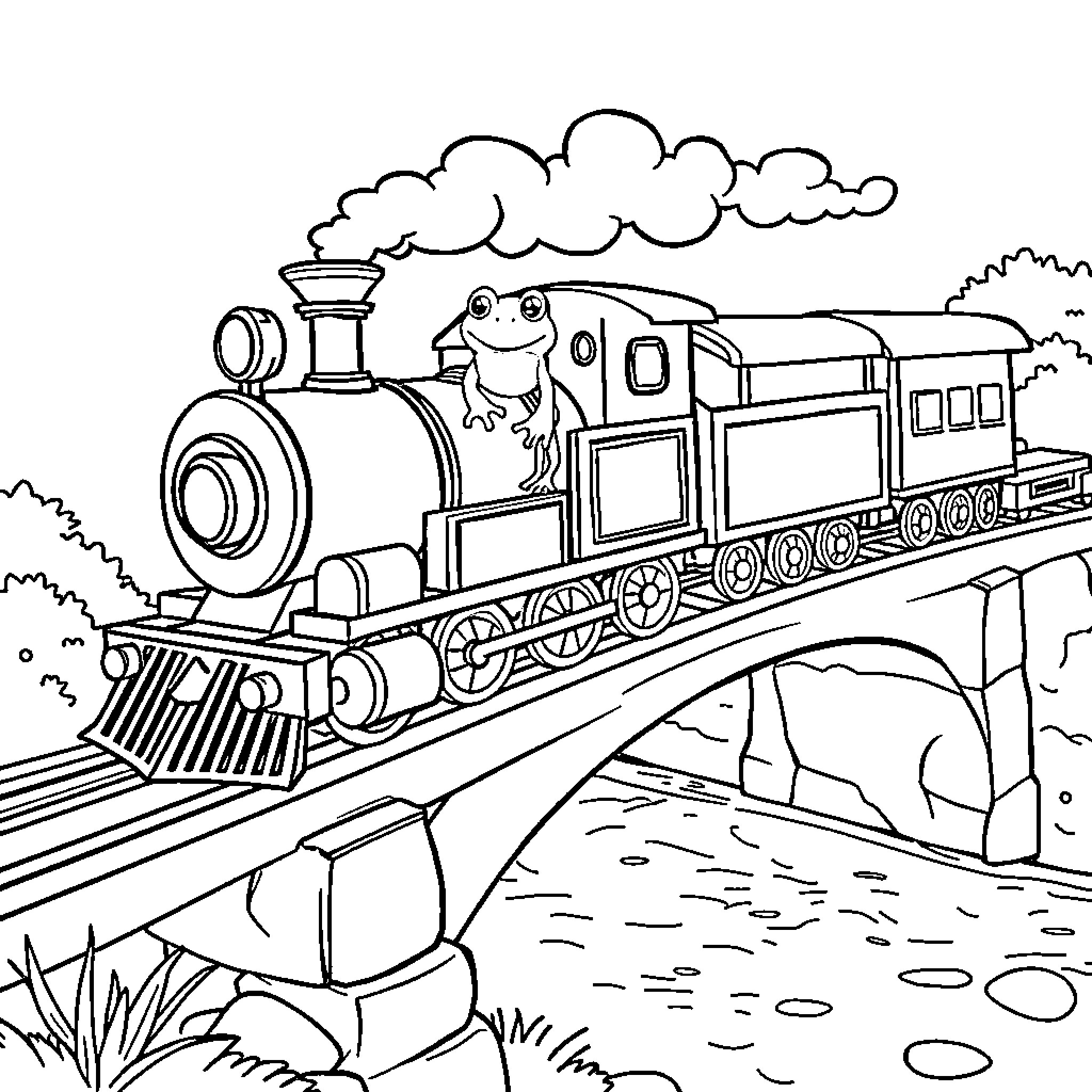 Train traveling through picturesque landscape Coloring Page (free black-and-white line drawing printable PDF for all, from beginners to advanced learners, including children, teens, adults, and seniors)