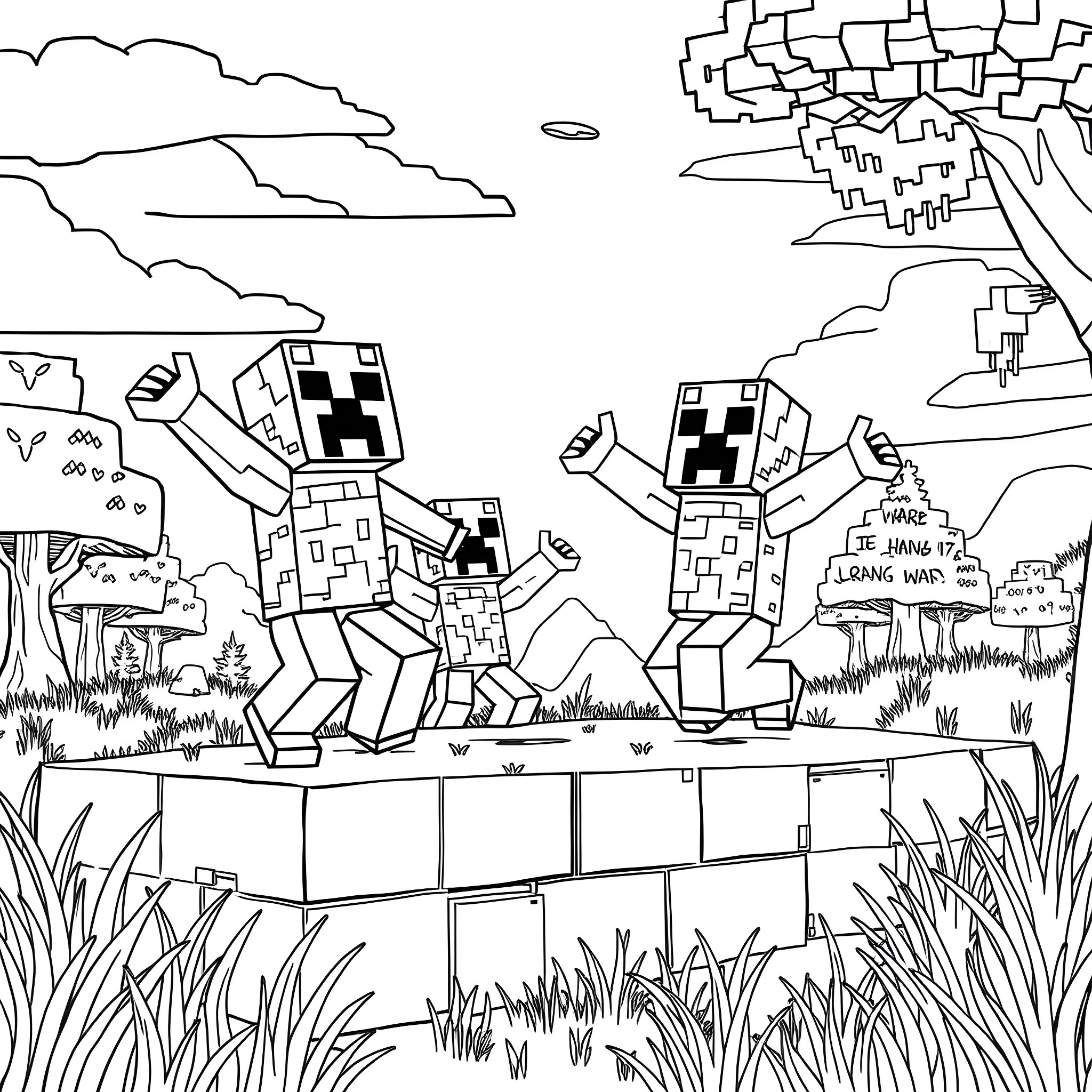 Creepers exploring the blocky landscape Coloring Page (free black-and-white line drawing printable PDF for all, from beginners to advanced learners, including children, teens, adults, and seniors)