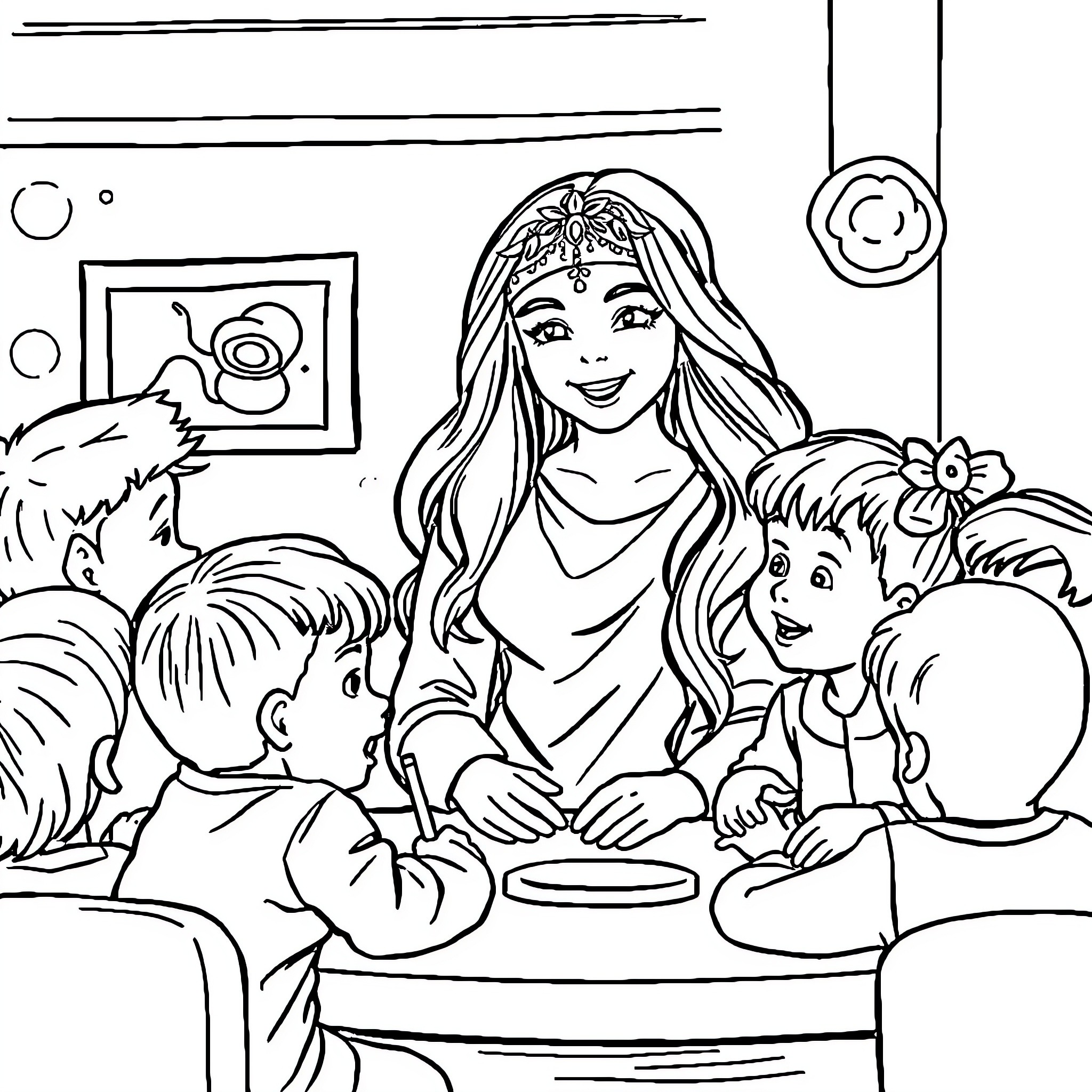 Teacher interacting with students in the classroom Coloring Page (free black-and-white line drawing printable PDF for all, from beginners to advanced learners, including children, teens, adults, and seniors)