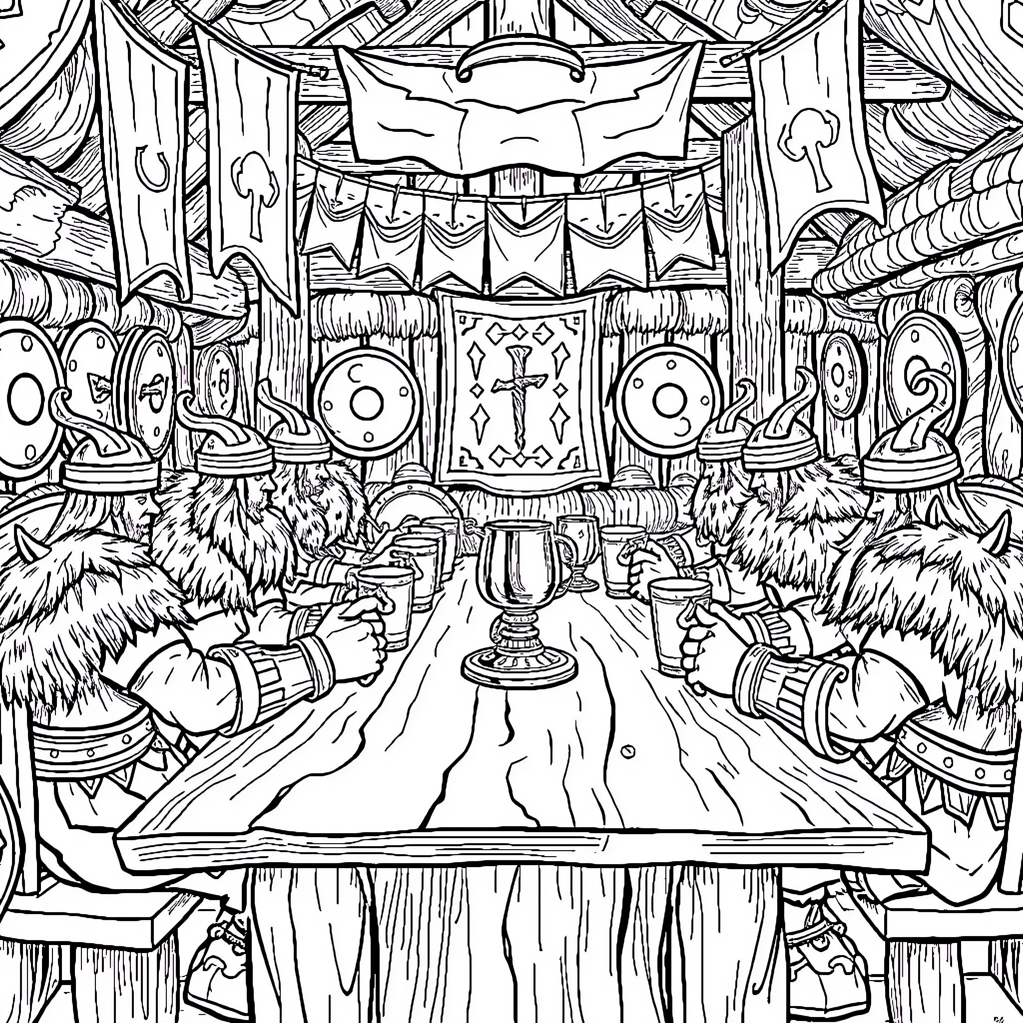 Viking Ceremonial Hall with Ornate Decor and Symbols Coloring Page (free black-and-white line drawing printable PDF for all, from beginners to advanced learners, including children, teens, adults, and seniors)